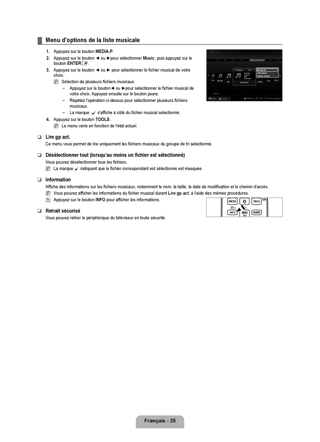 Samsung UE46B6000VWXXU, UE40B6000VWXXN, UE40B6000VWXUA, UE46B6000VPXXN Menu doptions de la liste musicale, Music SUM Périph 