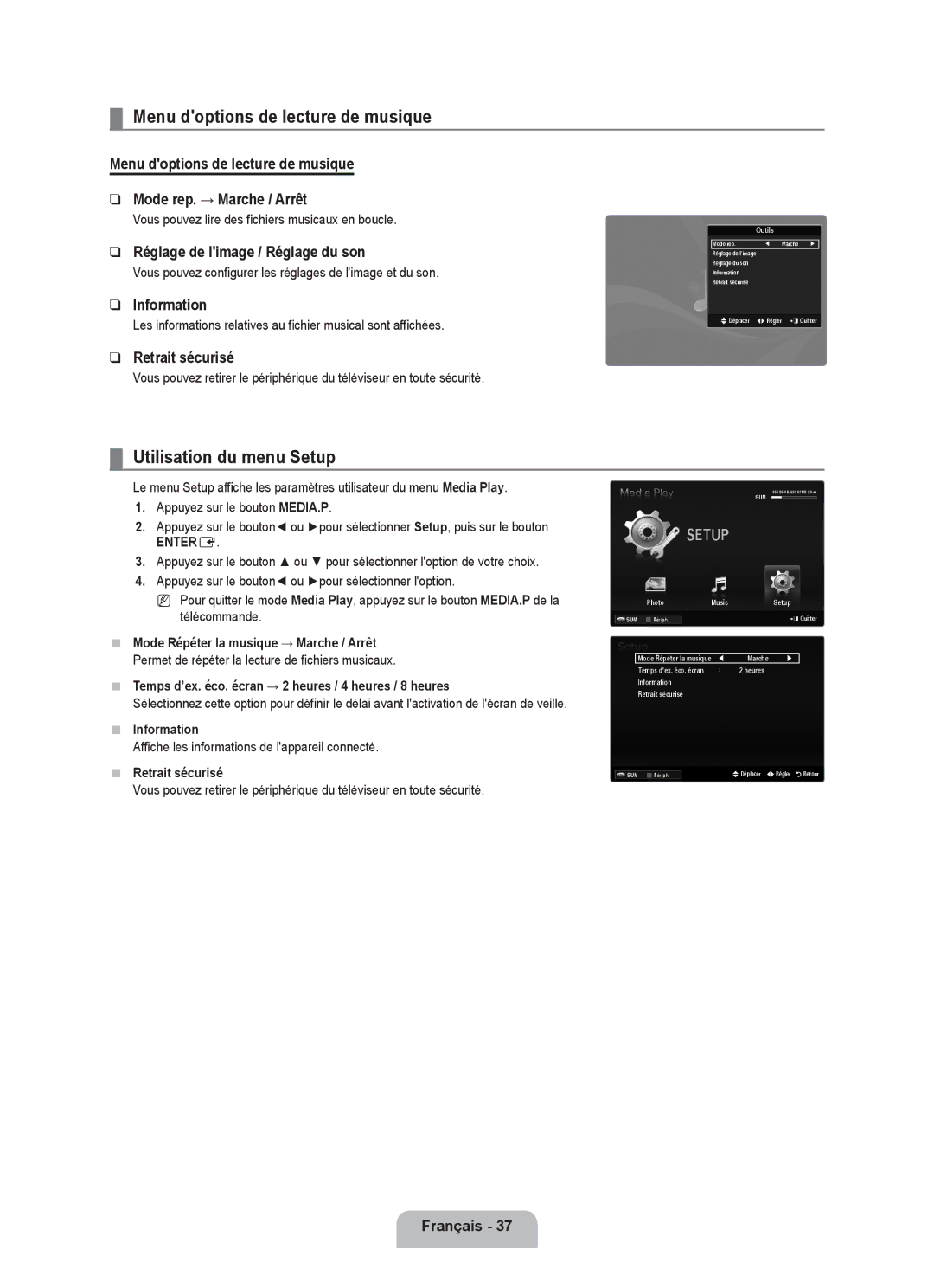 Samsung UE46B6000VWXBT manual Menu doptions de lecture de musique, Utilisation du menu Setup, Appuyez sur le bouton MEDIA.P 