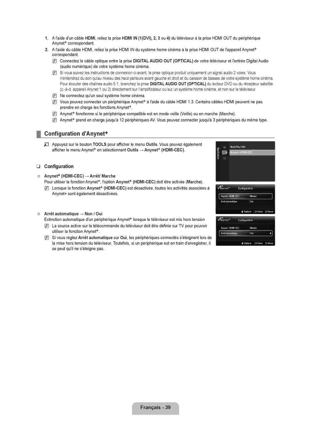 Samsung UE32B6000VWXXH manual Configuration dAnynet+, Anynet+ HDMI-CEC → Arrêt/ Marche, Anynet+ sont également désactivées 