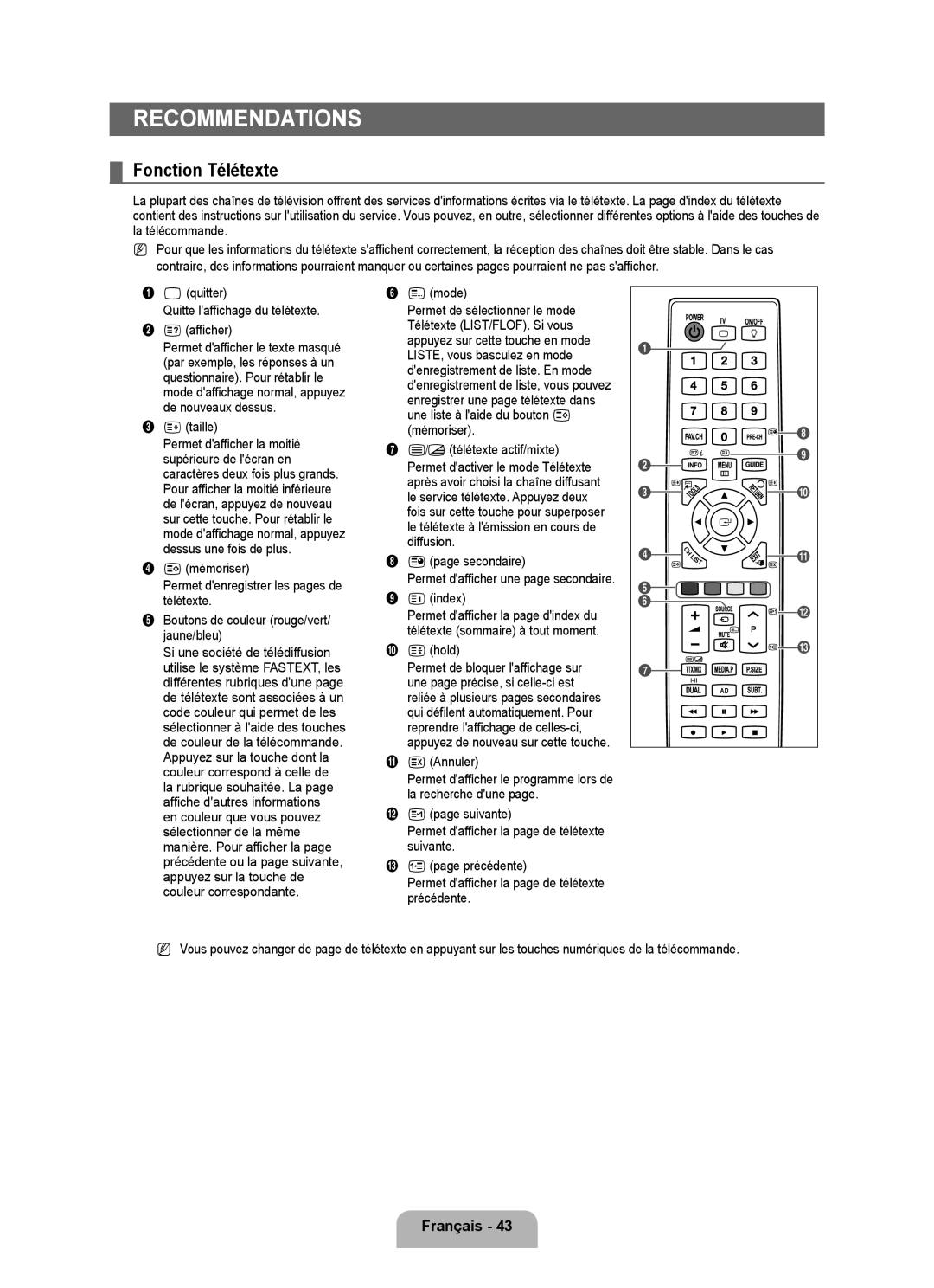 Samsung UE40B6000VWXZG, UE40B6000VWXXN, UE40B6000VWXUA, UE46B6000VPXXN, UE40B6000VWXXU, UE32B6000VWXUA manual Fonction Télétexte 