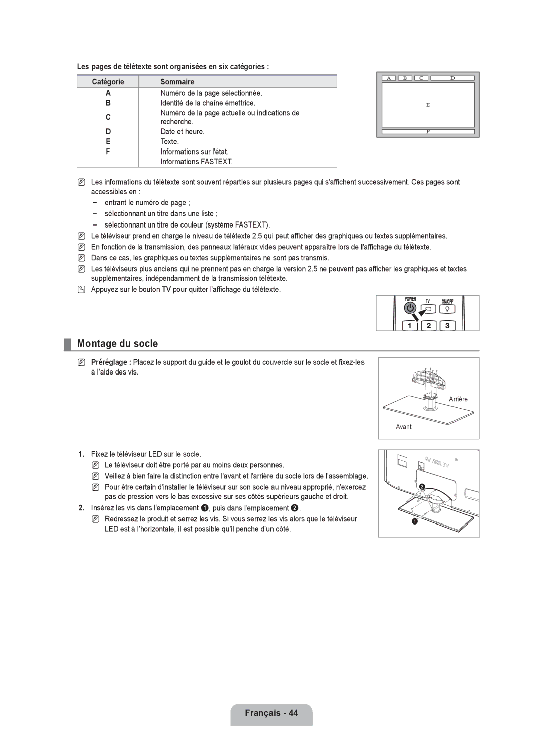 Samsung UE40B6000VWXXU, UE40B6000VWXXN, UE40B6000VWXUA manual Montage du socle, Numéro de la page sélectionnée, Texte 