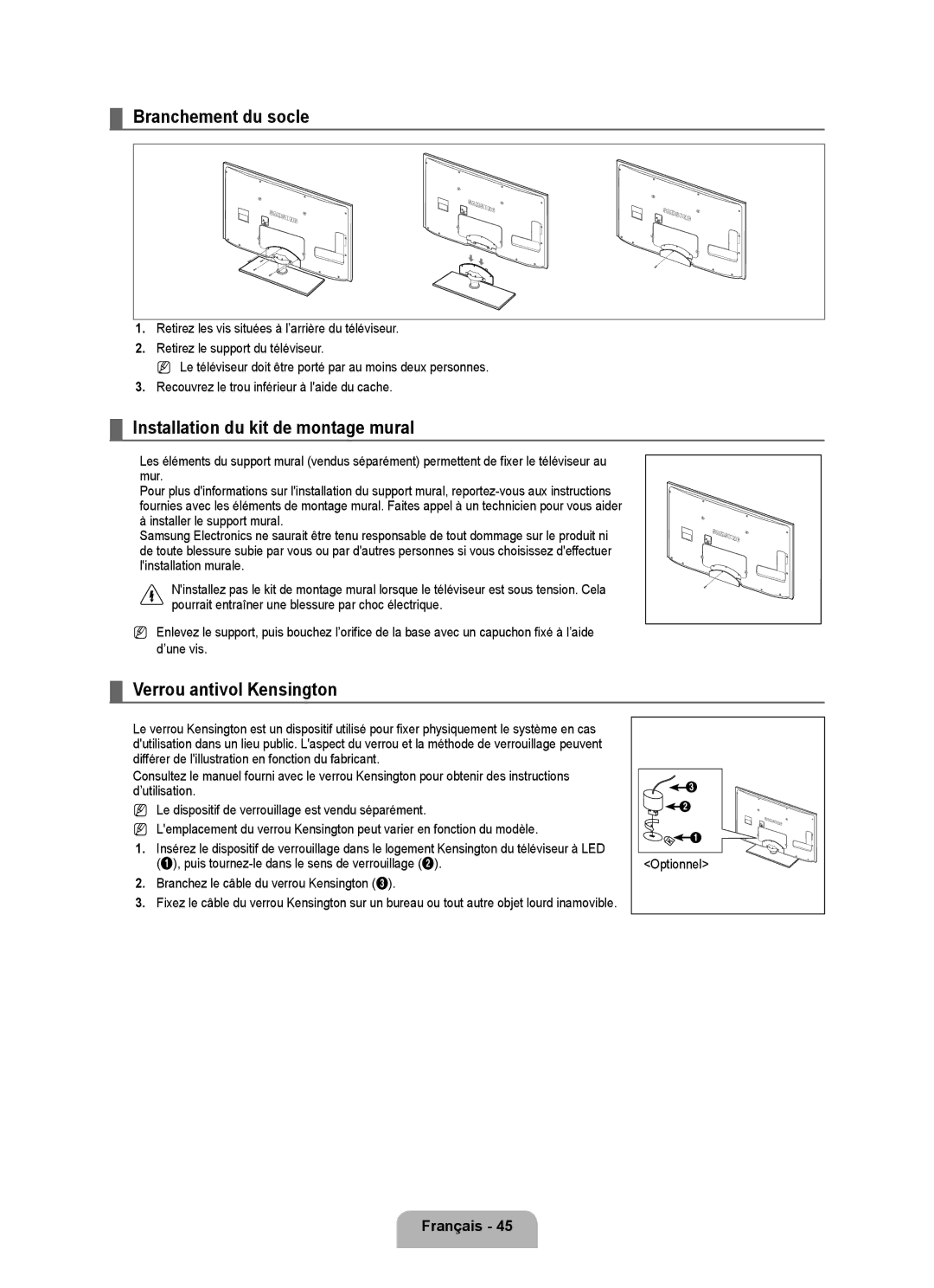 Samsung UE32B6000VWXUA manual Branchement du socle, Installation du kit de montage mural, Verrou antivol Kensington 