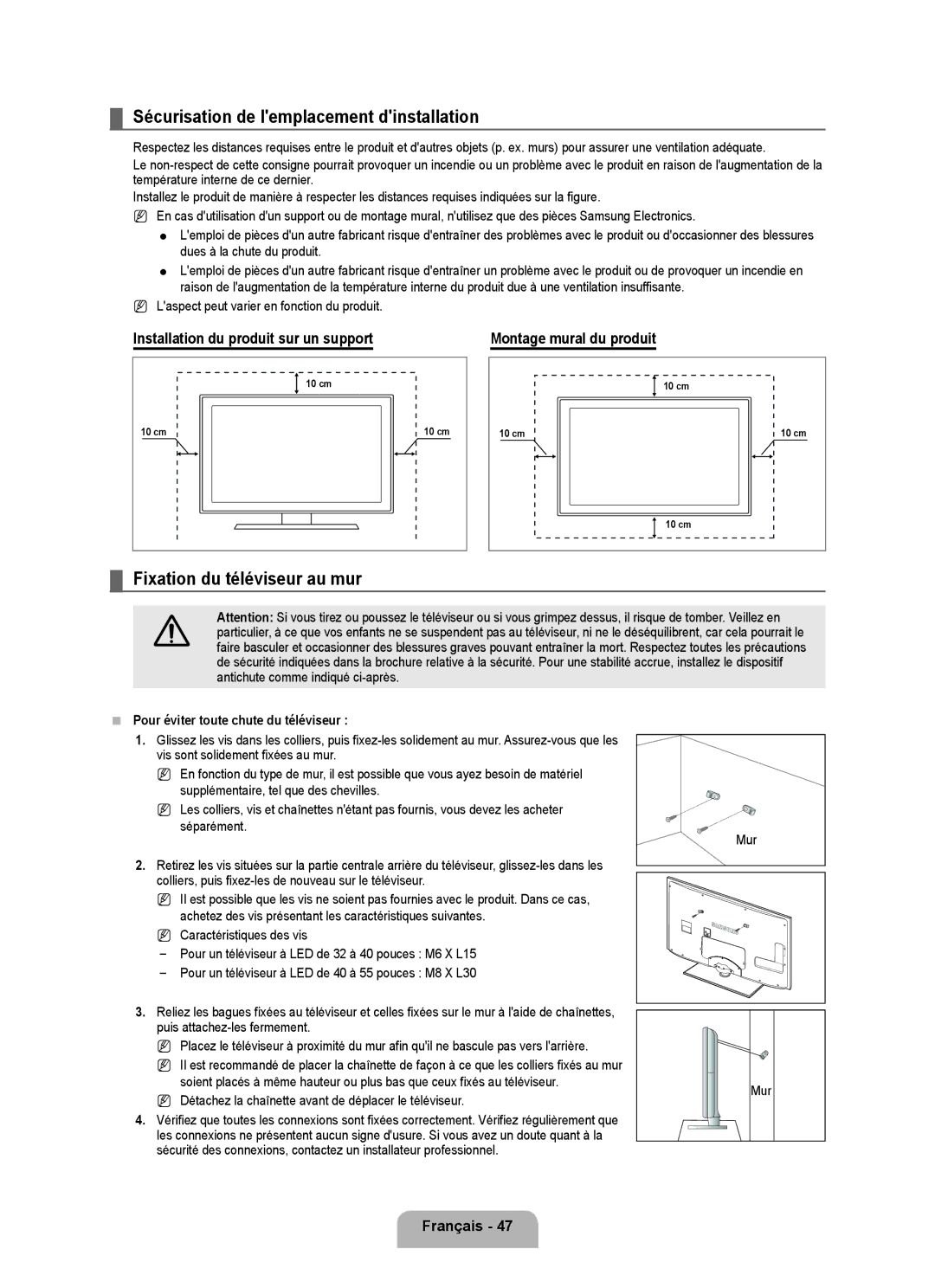 Samsung UE32B6000VWXZG manual Sécurisation de lemplacement dinstallation, Fixation du téléviseur au mur, Français 4 