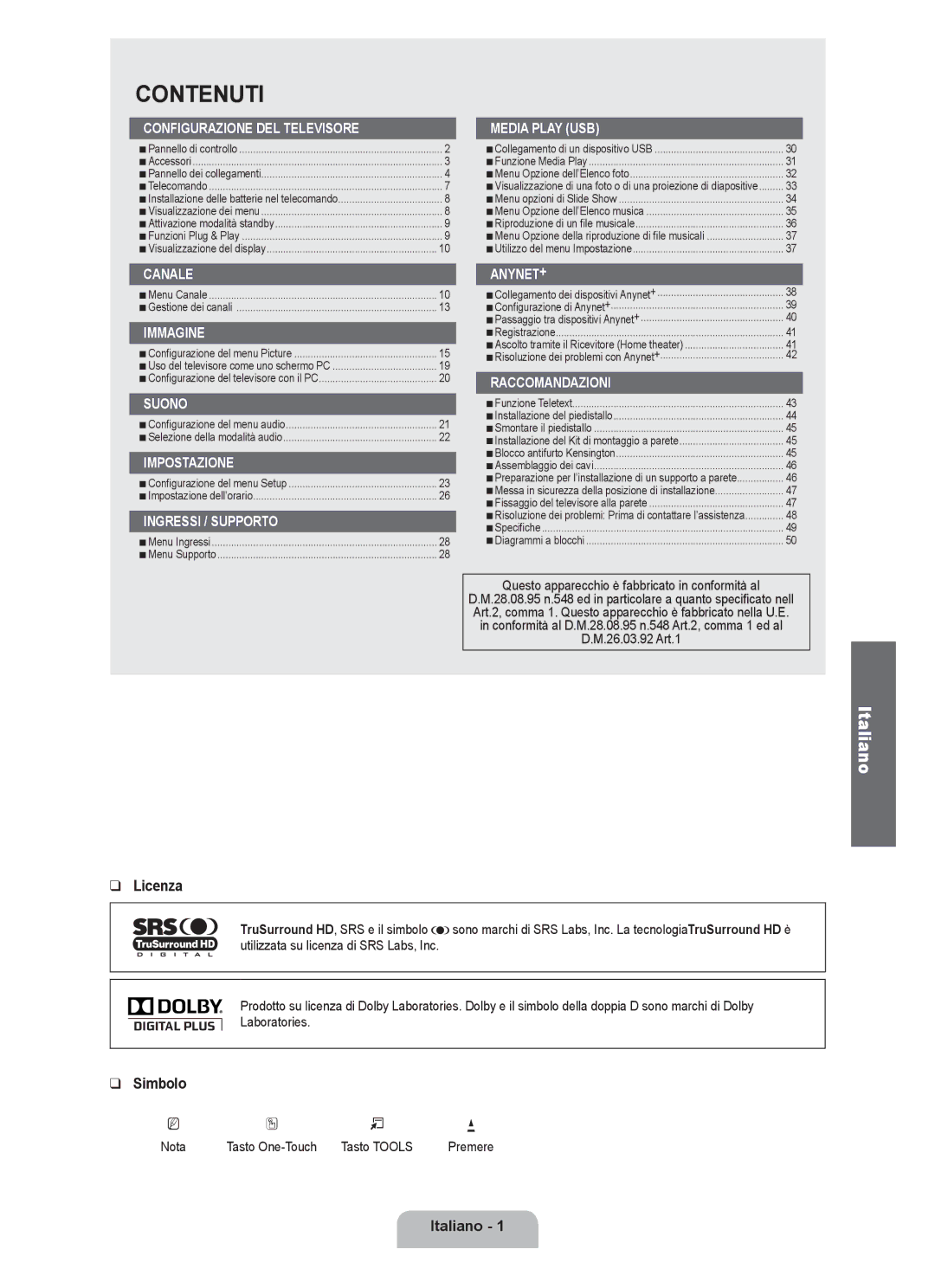 Samsung UE46B6000VWXUA, UE40B6000VWXXN, UE40B6000VWXUA manual Licenza, Simbolo, Italiano , Nota Tasto One-Touch Tasto Tools 