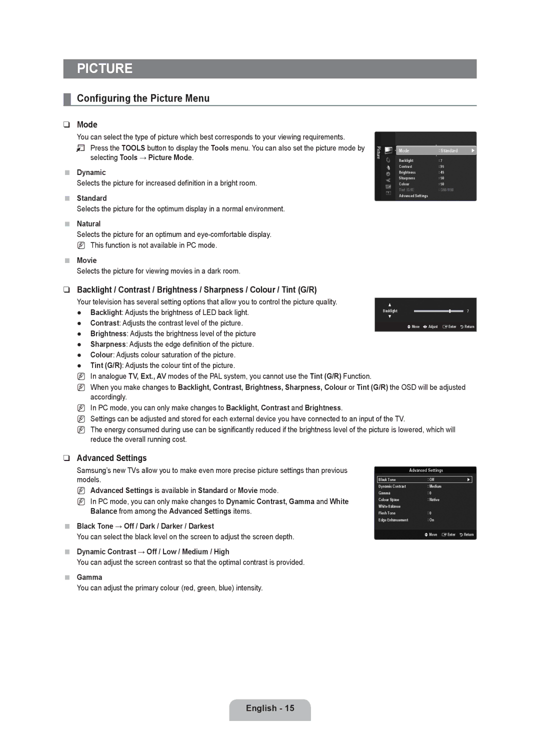 Samsung UE40B6000VWXXC, UE40B6000VWXXN, UE40B6000VWXUA manual Configuring the Picture Menu, Mode, Advanced Settings 