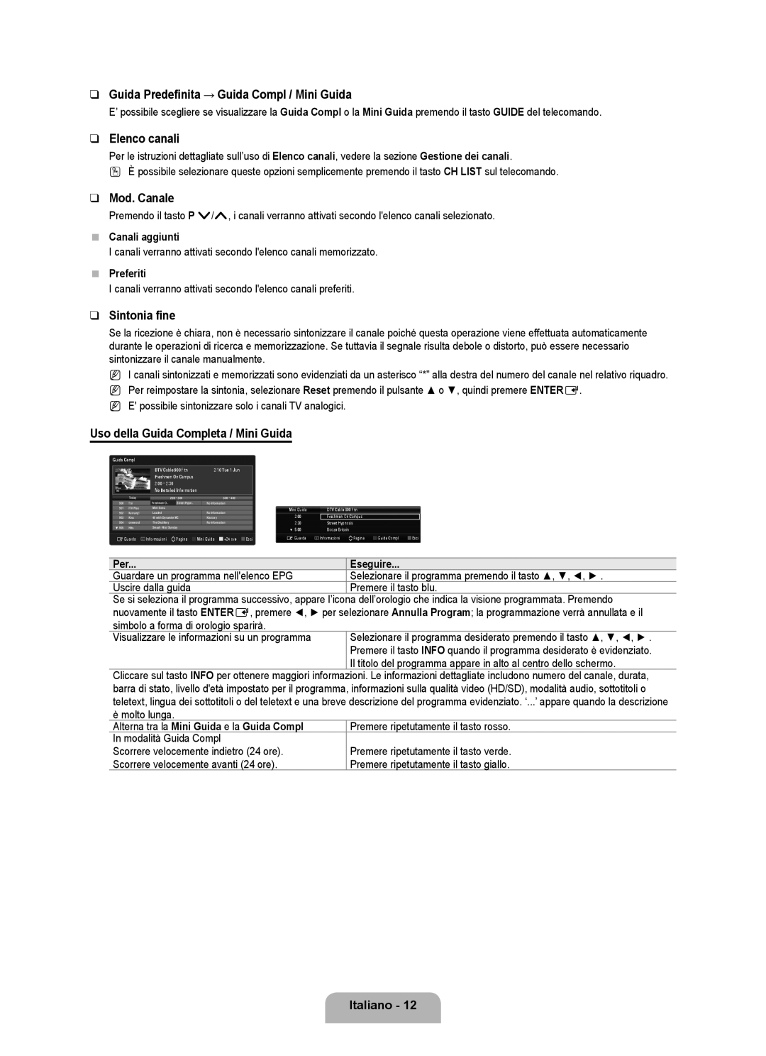 Samsung UE40B6000VWXBT manual Guida Predefinita → Guida Compl / Mini Guida, Elenco canali, Mod. Canale, Sintonia fine 