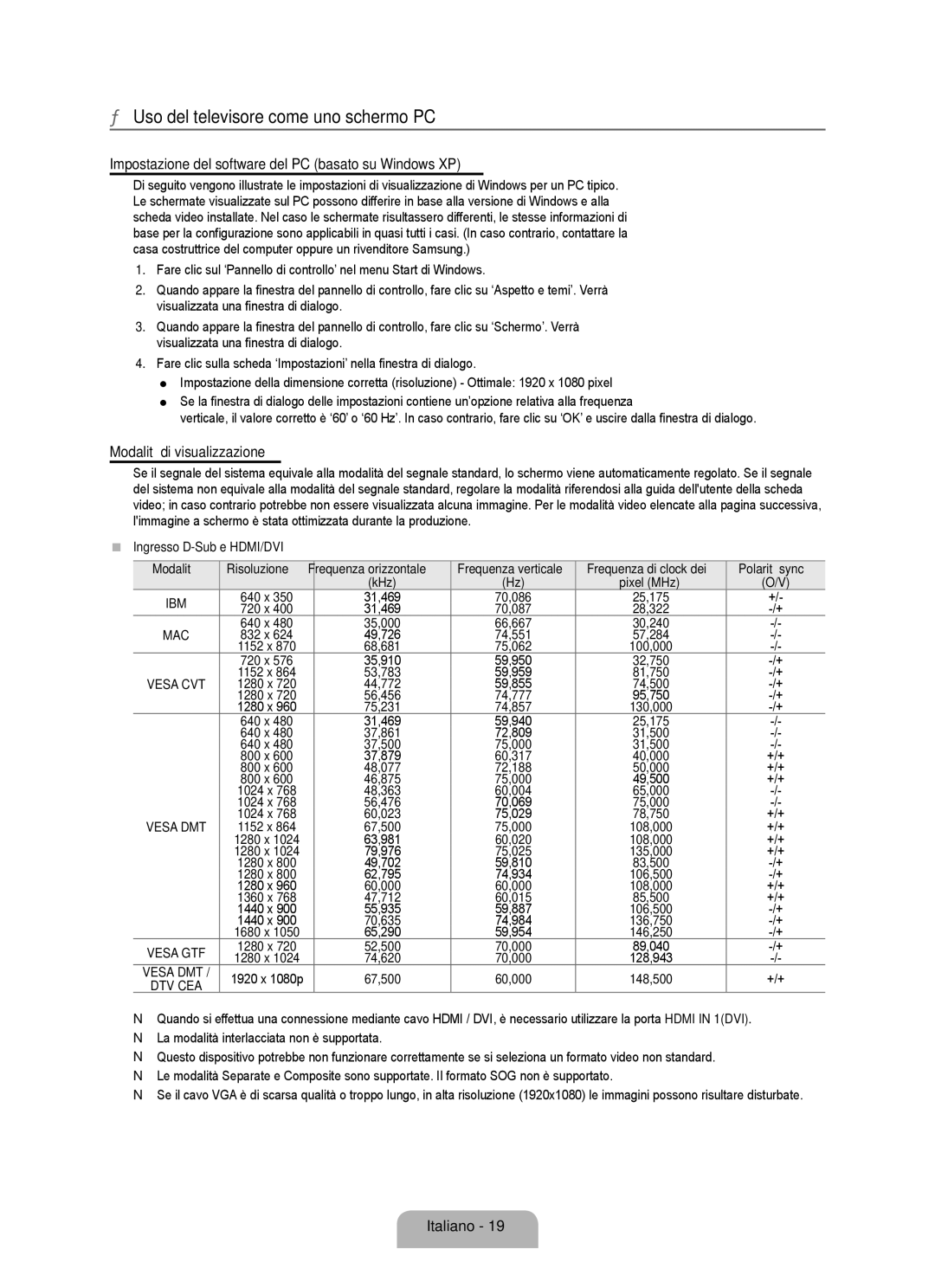 Samsung UE40B6000VWXZG manual Uso del televisore come uno schermo PC, Impostazione del software del PC basato su Windows XP 