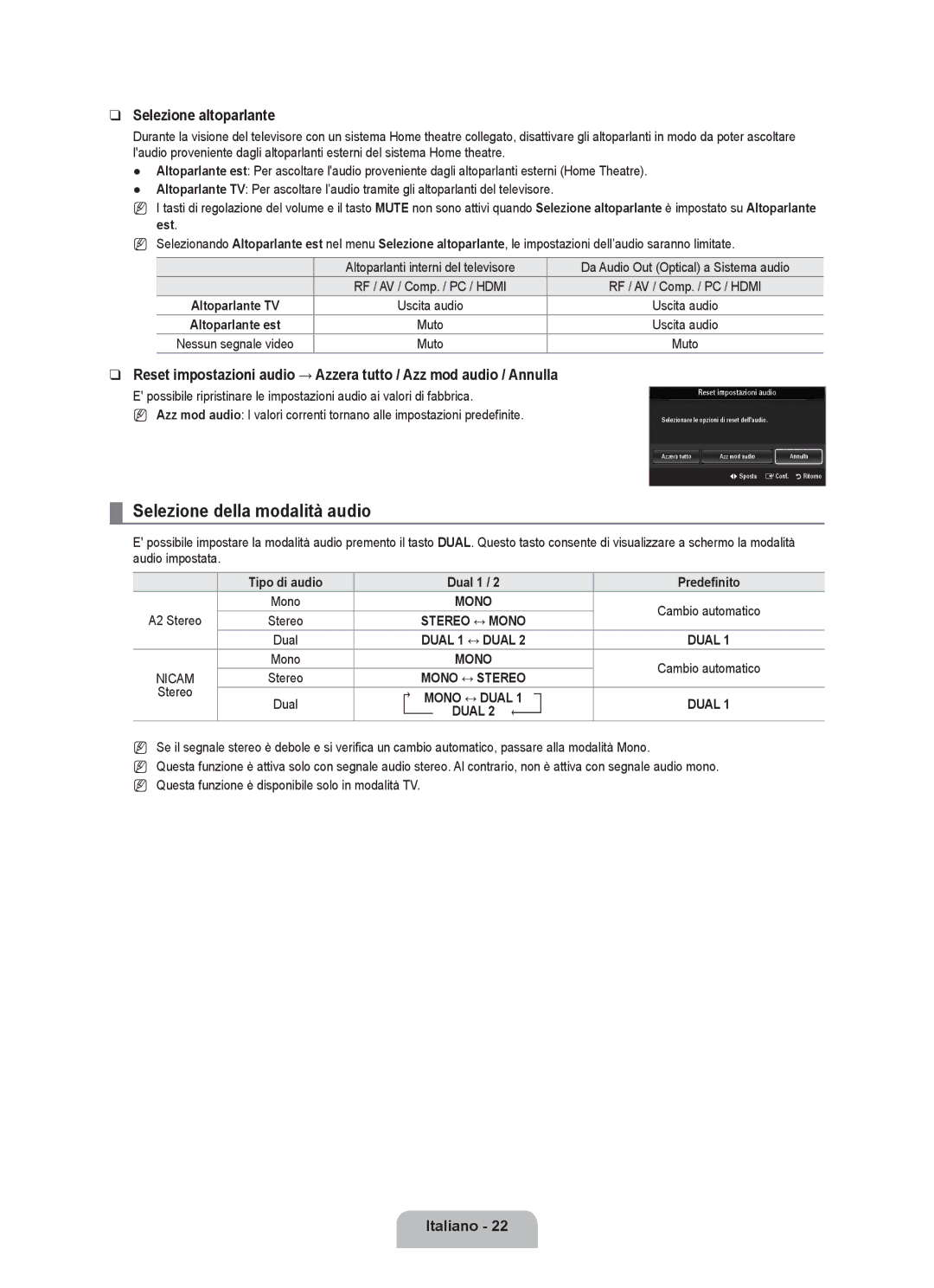 Samsung UE46B6000VPXZG manual Selezione della modalità audio, Selezione altoparlante, Tipo di audio Dual 1 Predefinito 