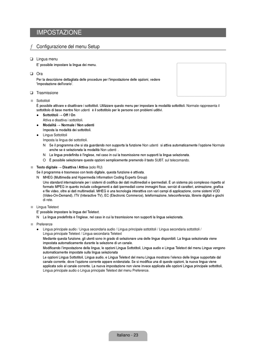 Samsung UE32B6000VWXZG, UE40B6000VWXXN, UE40B6000VWXUA manual Configurazione del menu Setup, Lingua menu, Ora, Trasmissione 