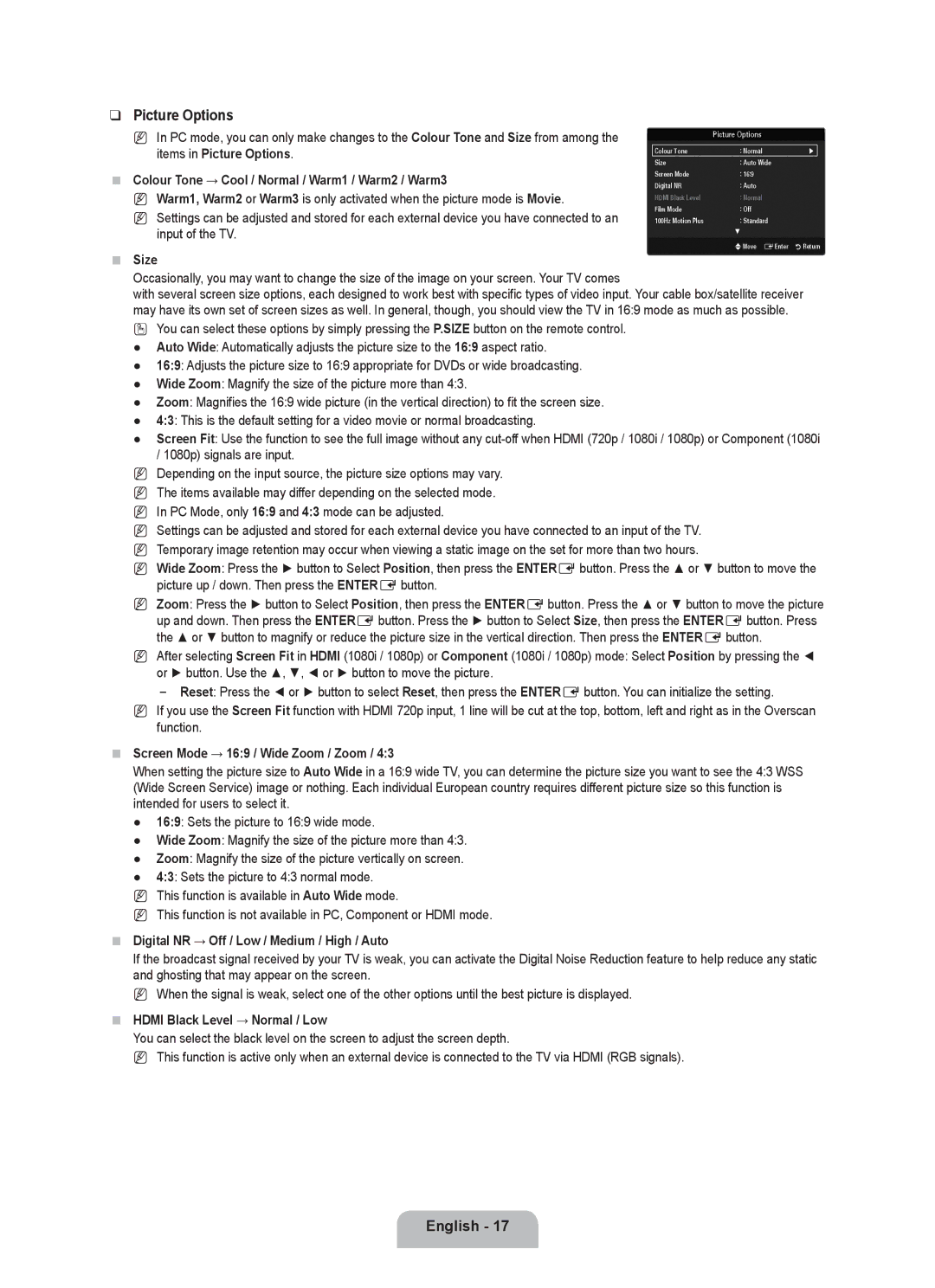 Samsung UE46B6000VPXXC, UE40B6000VWXXN, UE40B6000VWXUA, UE46B6000VPXXN, UE40B6000VWXZG, UE40B6000VWXXU manual Picture Options 