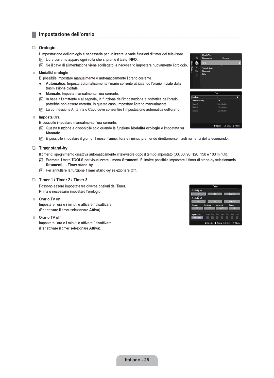 Samsung UE46B6000VWXXN, UE40B6000VWXXN, UE40B6000VWXUA, UE46B6000VPXXN Impostazione dell’orario, Orologio, Timer stand-by 