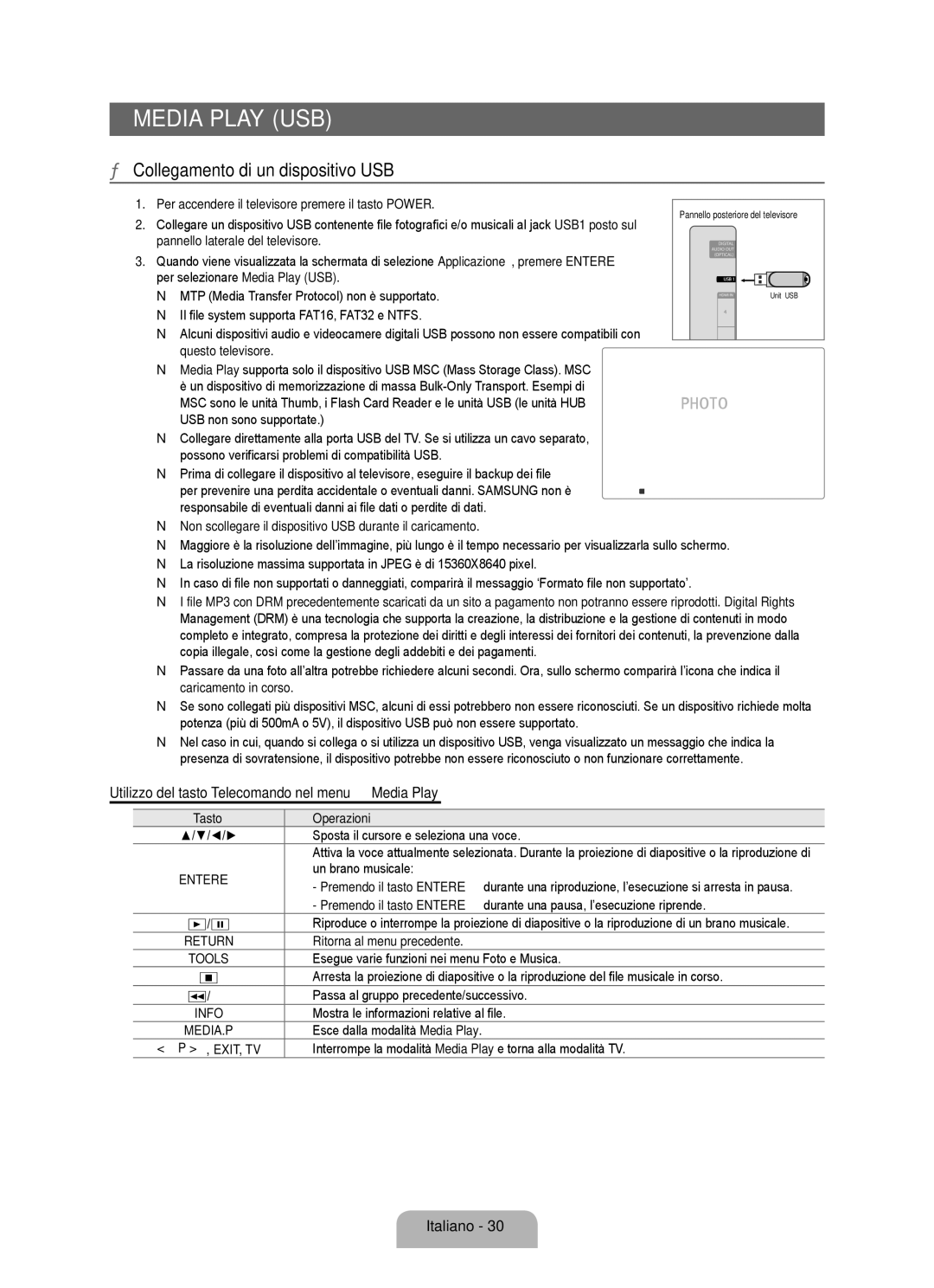 Samsung UE32B6000VWXXC Collegamento di un dispositivo USB, Utilizzo del tasto Telecomando nel menu Media Play, Operazioni 