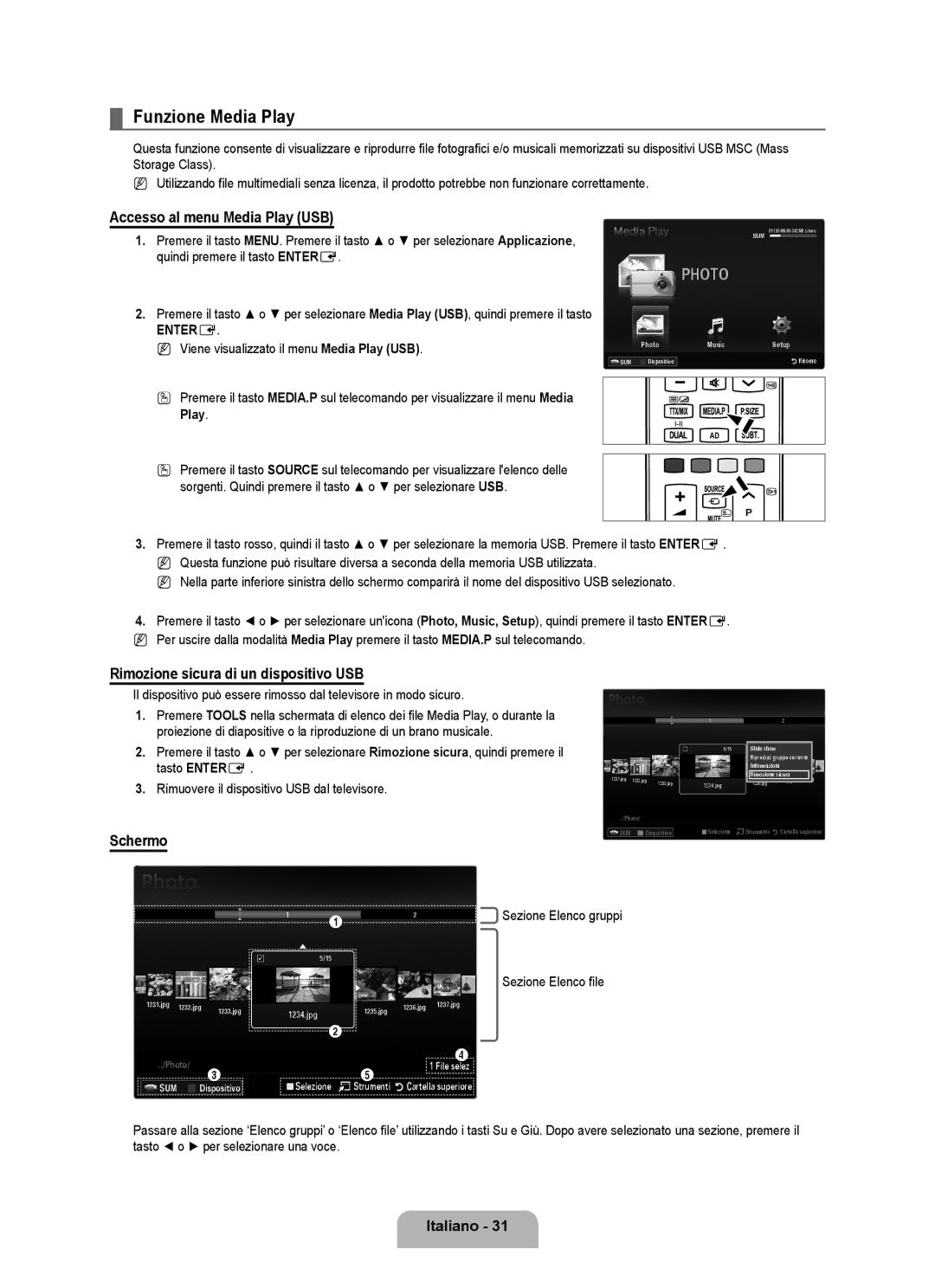 Samsung UE32B6000VPXXC manual Funzione Media Play, Accesso al menu Media Play USB, Rimozione sicura di un dispositivo USB 