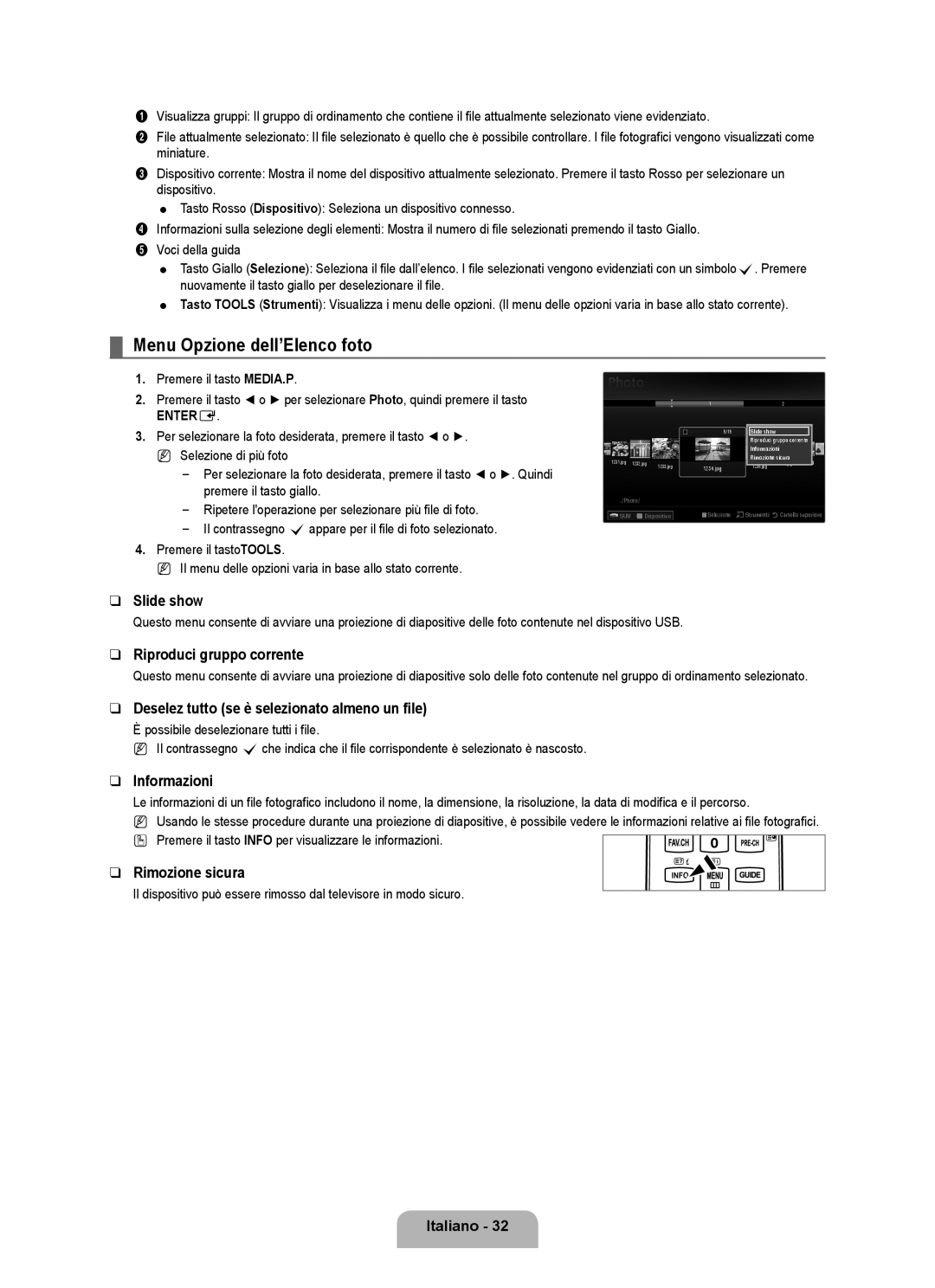 Samsung UE46B6000VWXXC manual Menu Opzione dell’Elenco foto, Riproduci gruppo corrente, Informazioni, Rimozione sicura 