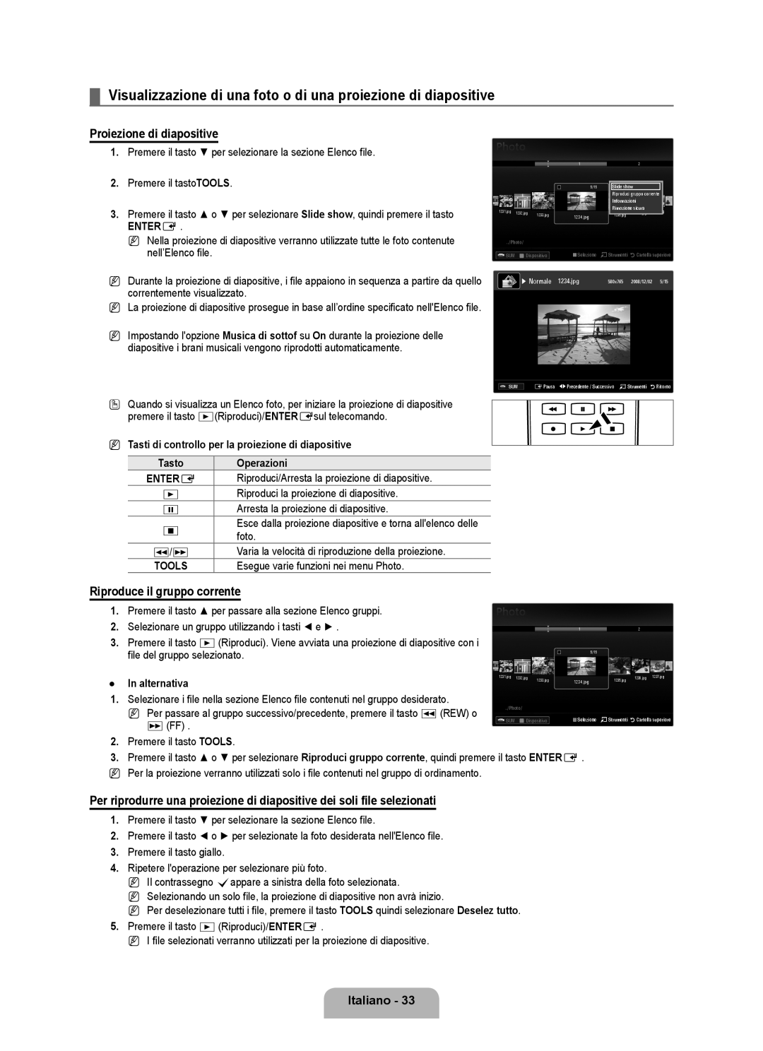 Samsung UE40B6000VWXXC, UE40B6000VWXXN, UE40B6000VWXUA manual Proiezione di diapositive, Riproduce il gruppo corrente 