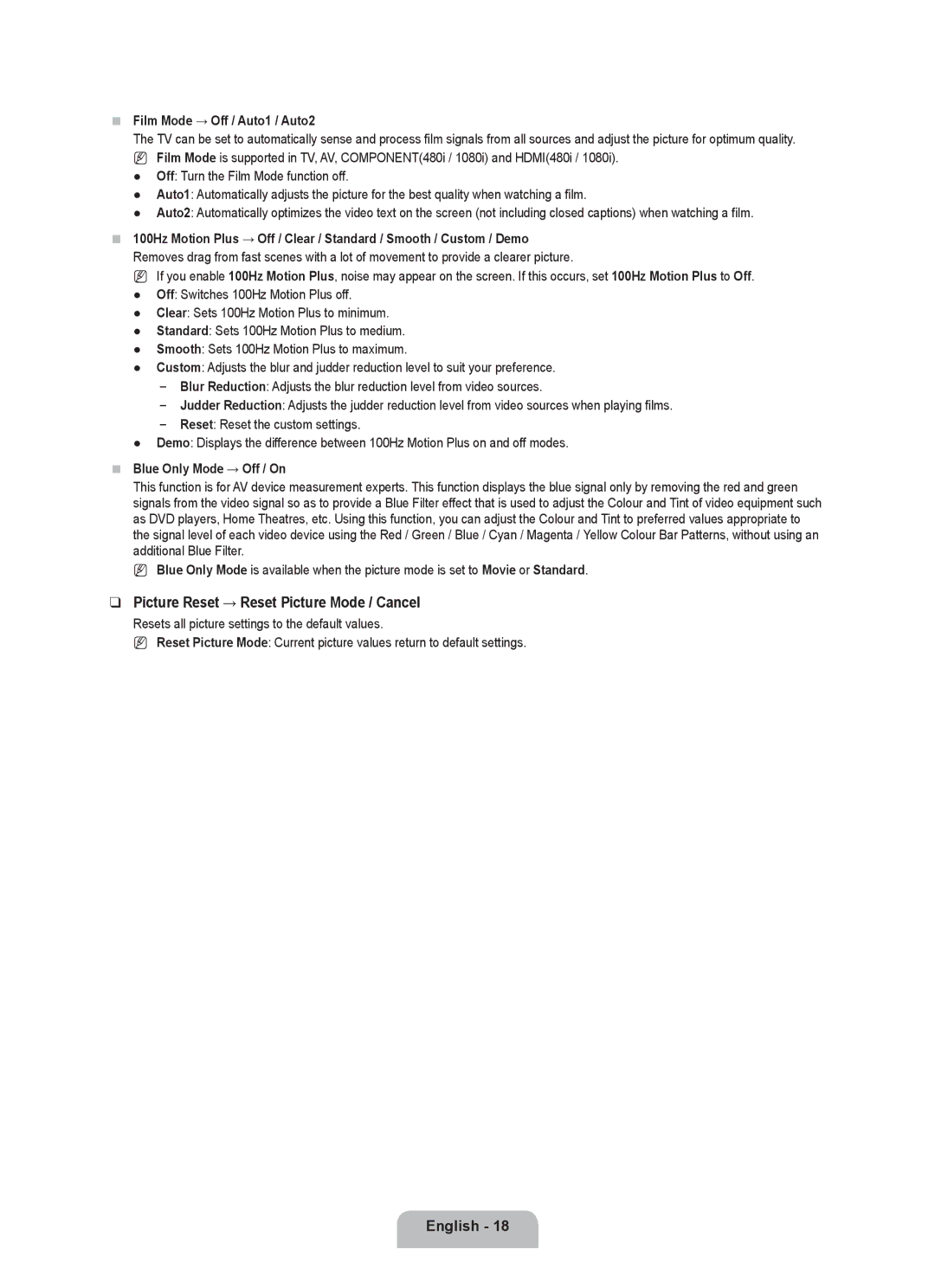 Samsung UE40B6000VWXXH, UE40B6000VWXXN manual Picture Reset → Reset Picture Mode / Cancel, Film Mode → Off / Auto1 / Auto2 