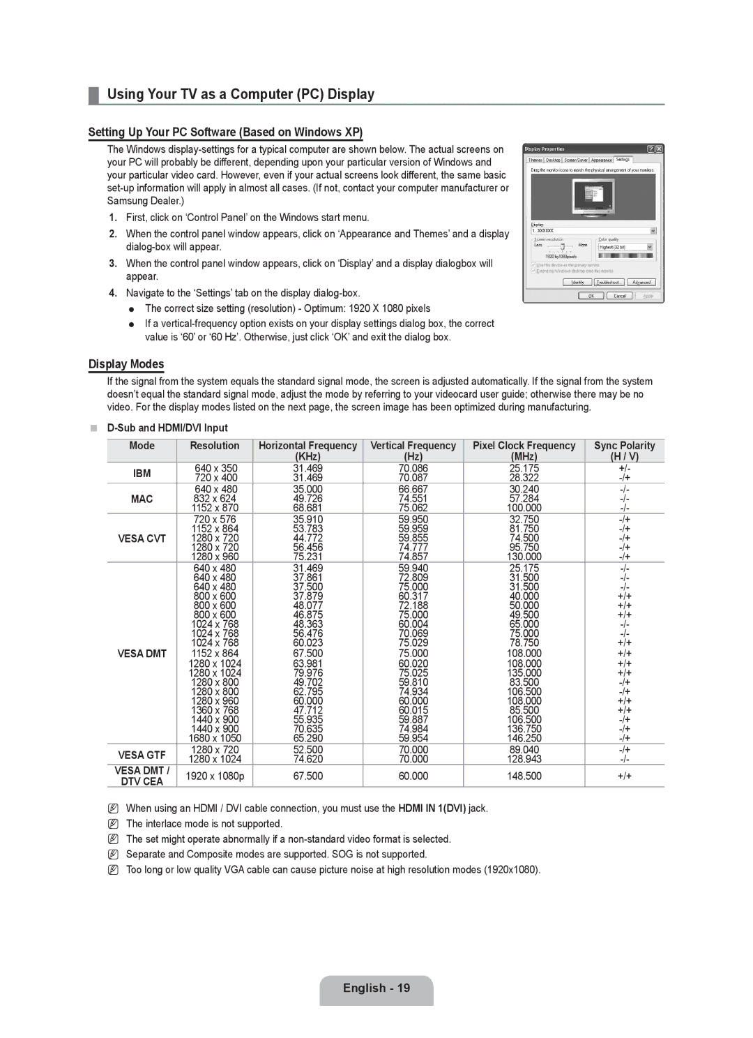 Samsung UE46B6000VWXXU Using Your TV as a Computer PC Display, Setting Up Your PC Software Based on Windows XP, Resolution 