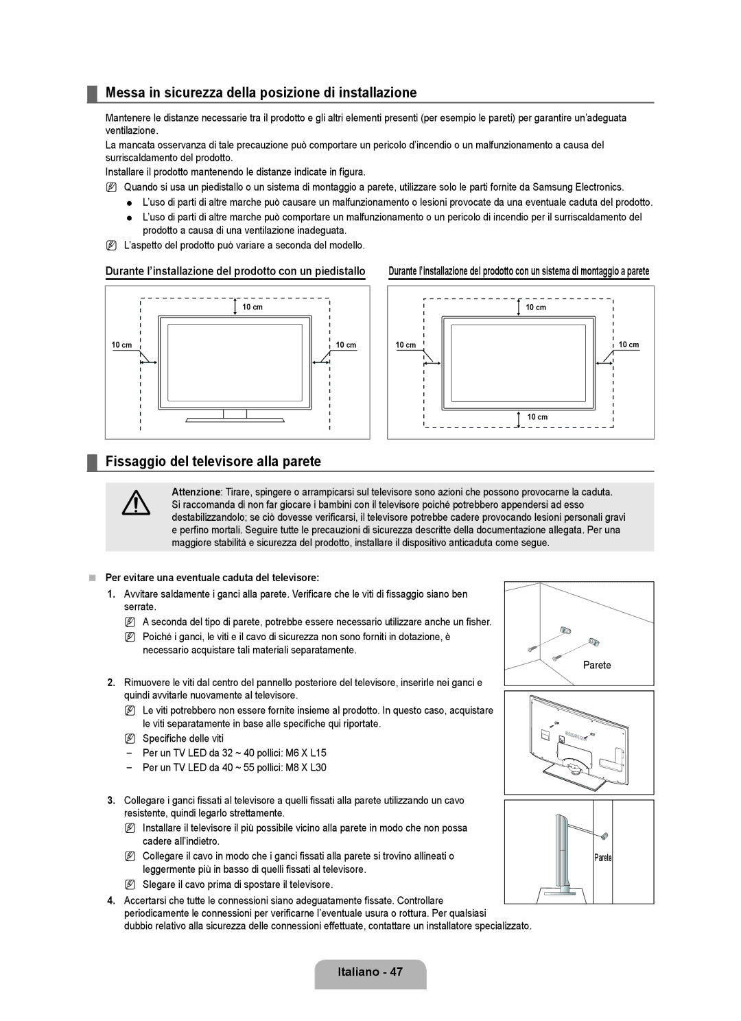 Samsung UE32B6000VWXUA Messa in sicurezza della posizione di installazione, Fissaggio del televisore alla parete, Parete 