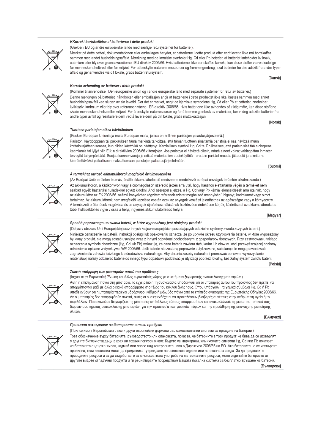 Samsung UE32B6000VWXXN, UE40B6000VWXXN, UE40B6000VWXUA, UE46B6000VPXXN KKorrekt bortskaffelse af batterierne i dette produkt 