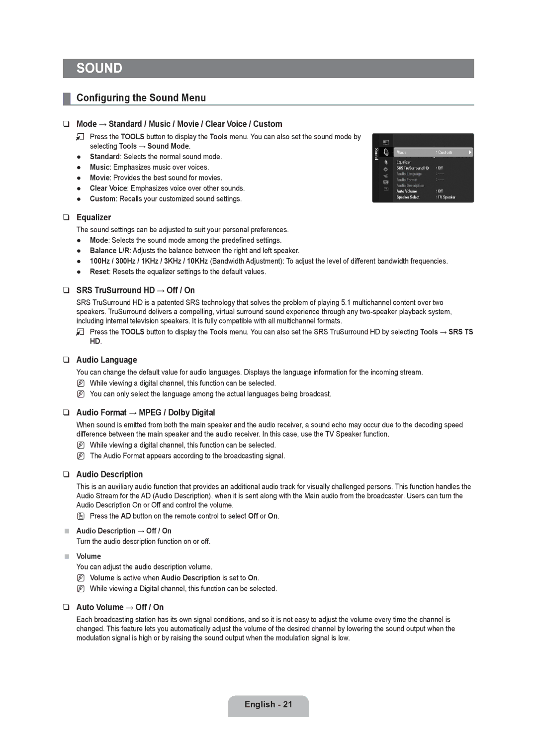 Samsung UE46B6000VWXBT, UE40B6000VWXXN, UE40B6000VWXUA, UE46B6000VPXXN, UE40B6000VWXZG manual Configuring the Sound Menu 