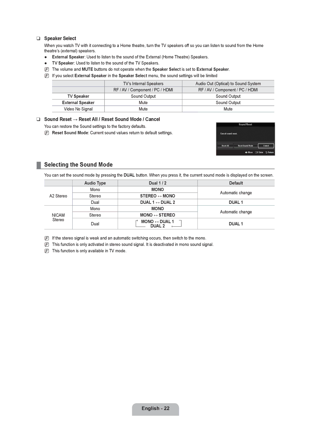 Samsung UE32B6000VWXBT manual Selecting the Sound Mode, Speaker Select, Sound Reset → Reset All / Reset Sound Mode / Cancel 