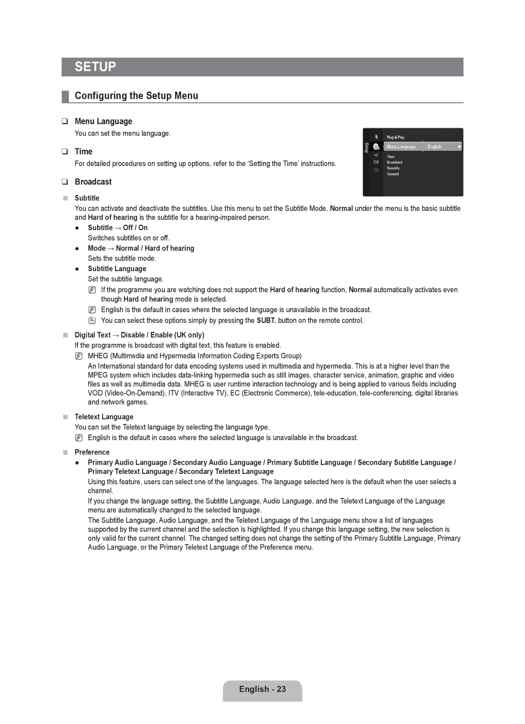 Samsung UE32B6000VWXXH, UE40B6000VWXXN, UE40B6000VWXUA manual Configuring the Setup Menu, Menu Language, Time, Broadcast 