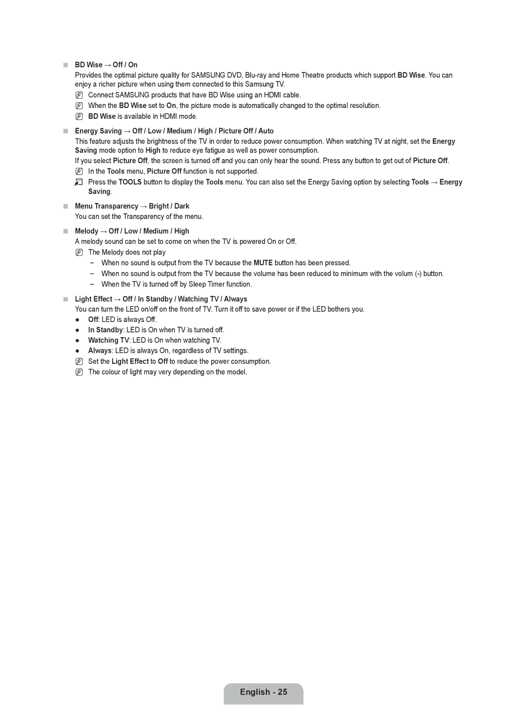 Samsung UE40B6000VWXUA BD Wise → Off / On, Saving Menu Transparency → Bright / Dark, Melody → Off / Low / Medium / High 