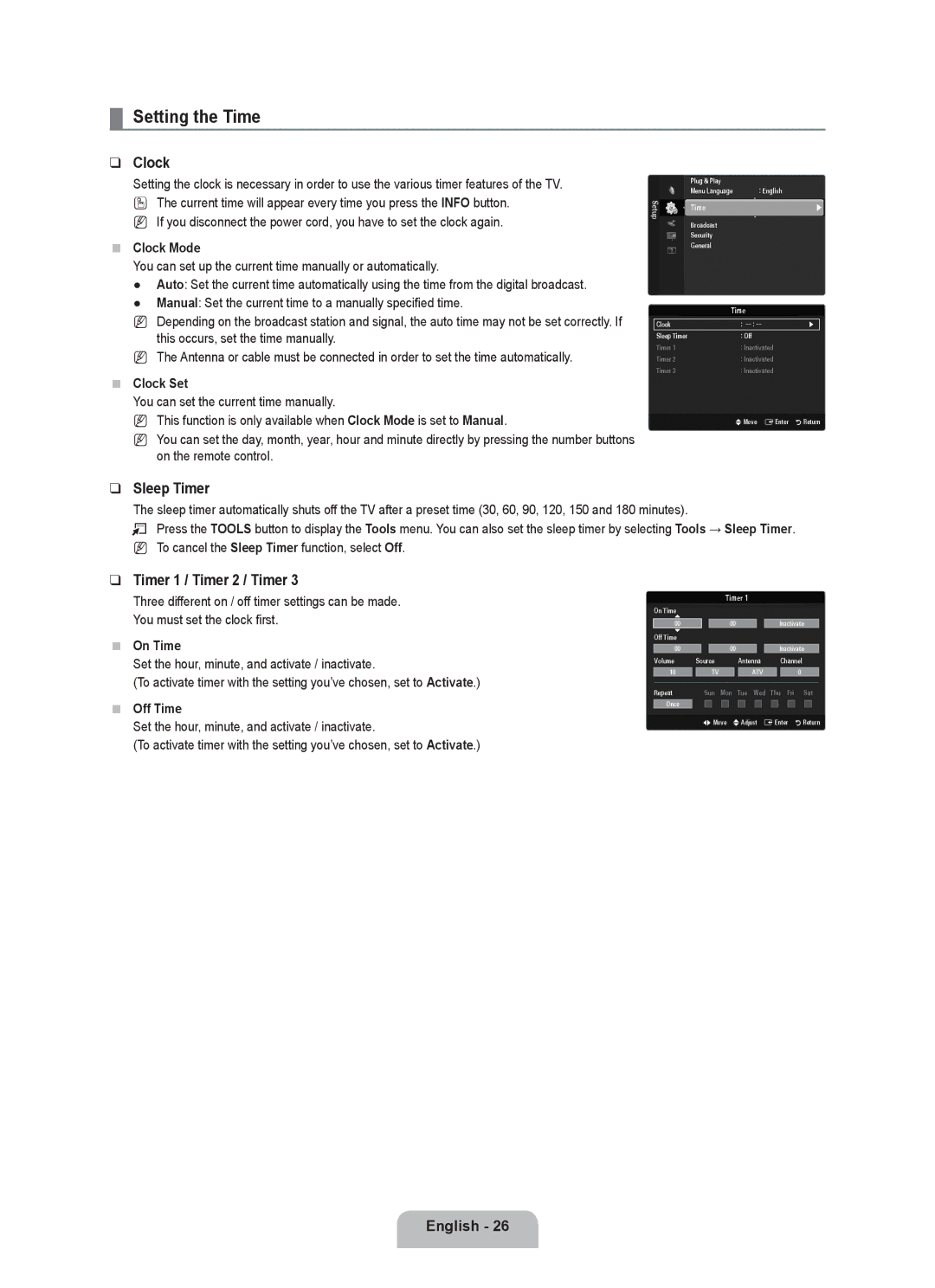 Samsung UE46B6000VPXXN, UE40B6000VWXXN, UE40B6000VWXUA manual Setting the Time, Clock, Sleep Timer, Timer 1 / Timer 2 / Timer 