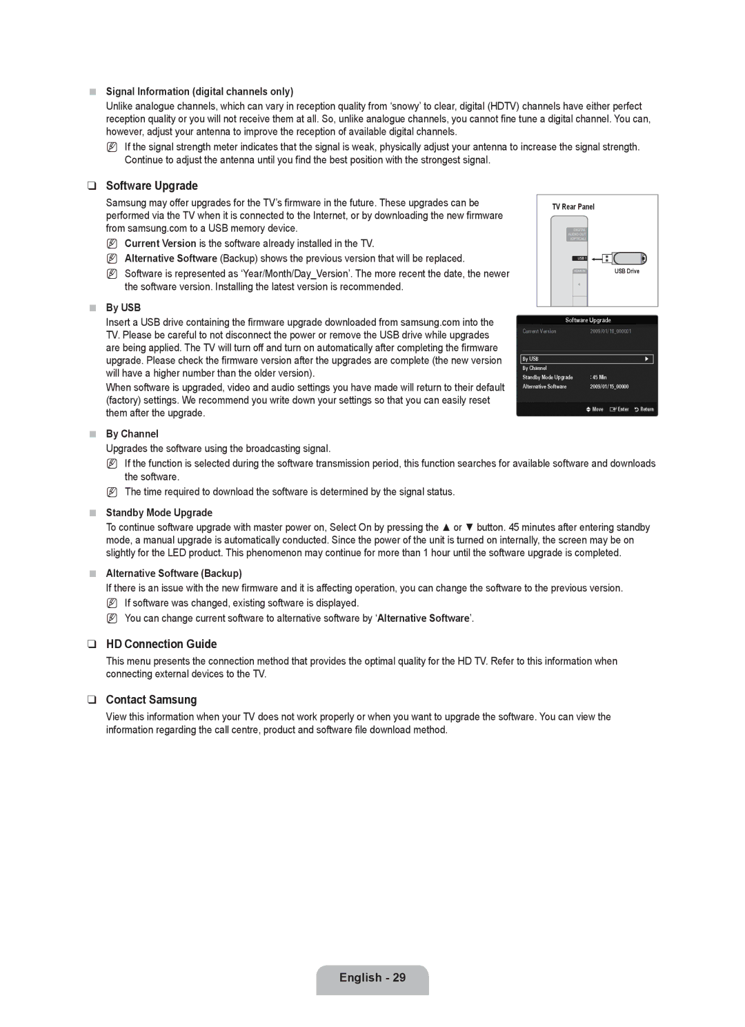 Samsung UE32B6000VWXUA, UE40B6000VWXXN, UE40B6000VWXUA manual Software Upgrade, HD Connection Guide, Contact Samsung 