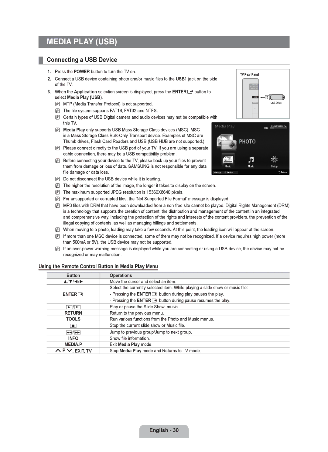 Samsung UE46B6000VPXZG, UE40B6000VWXXN manual Connecting a USB Device, Using the Remote Control Button in Media Play Menu 