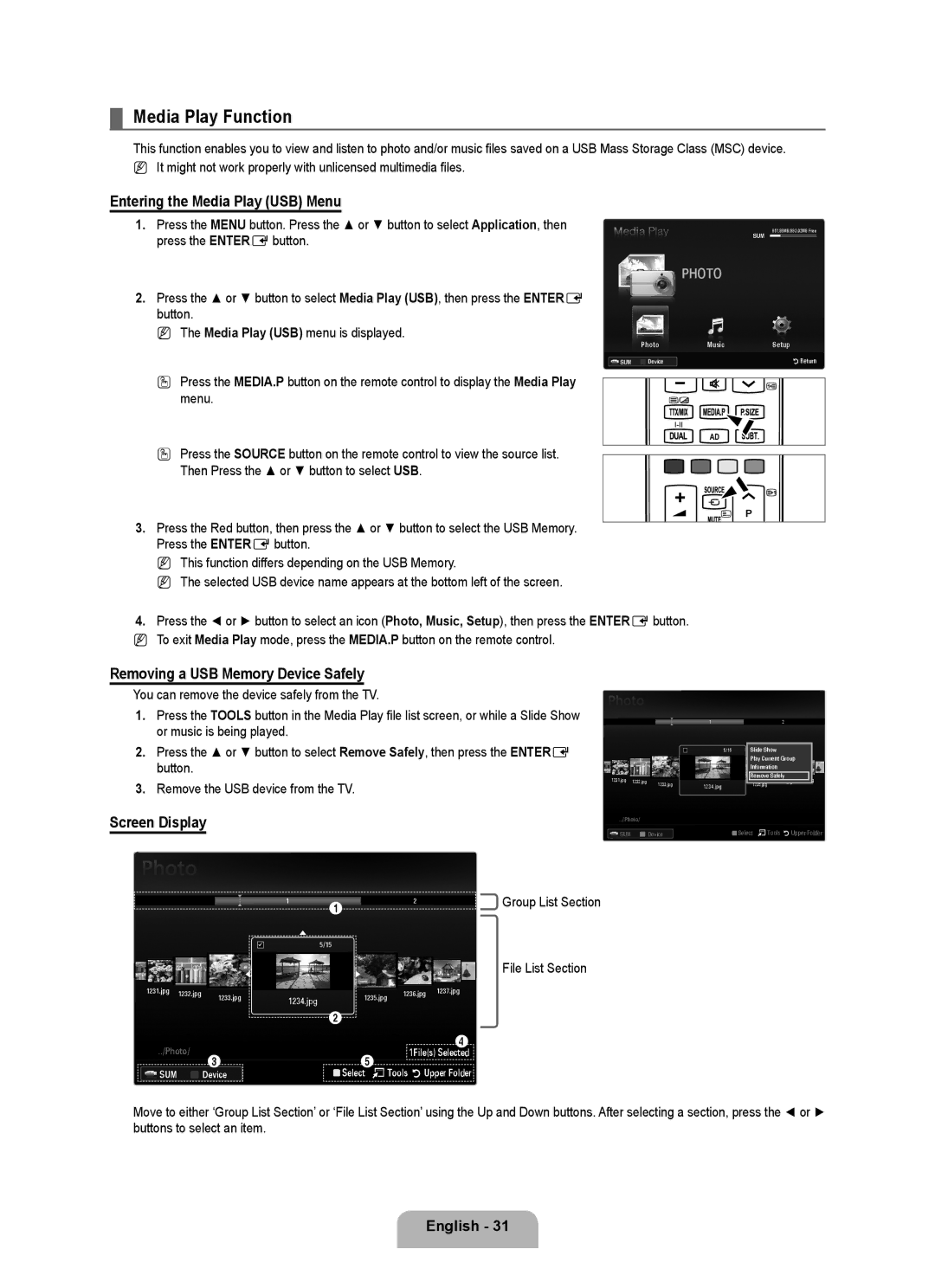 Samsung UE32B6000VWXZG manual Media Play Function, Entering the Media Play USB Menu, Removing a USB Memory Device Safely 