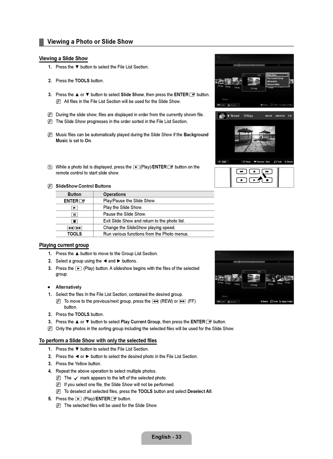 Samsung UE32B6000VPXXN, UE40B6000VWXXN manual Viewing a Photo or Slide Show, Viewing a Slide Show, Playing current group 