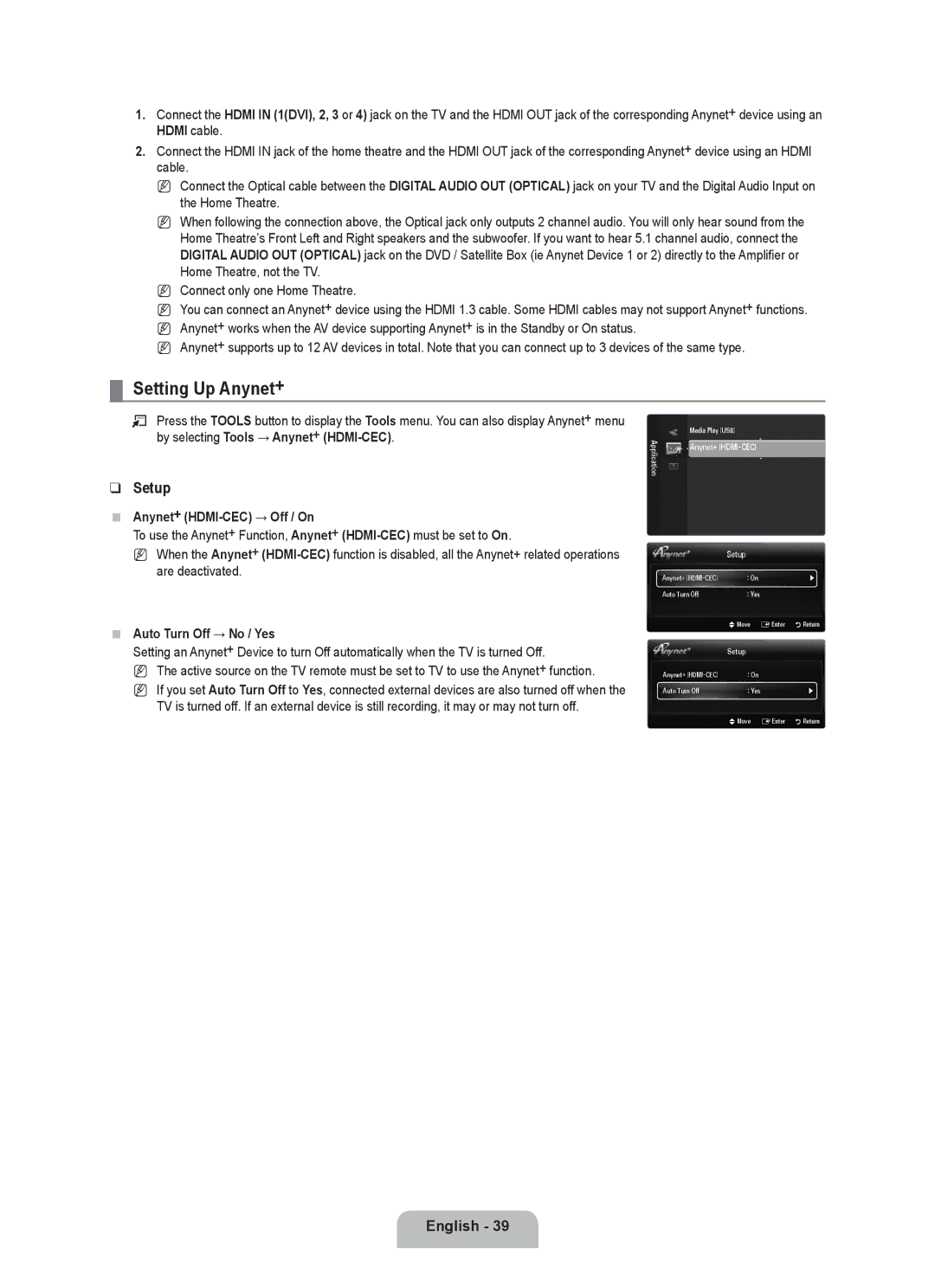 Samsung UE32B6000VPXXC, UE40B6000VWXXN Setting Up Anynet+, Setup, Anynet+ HDMI-CEC → Off / On, Auto Turn Off → No / Yes 