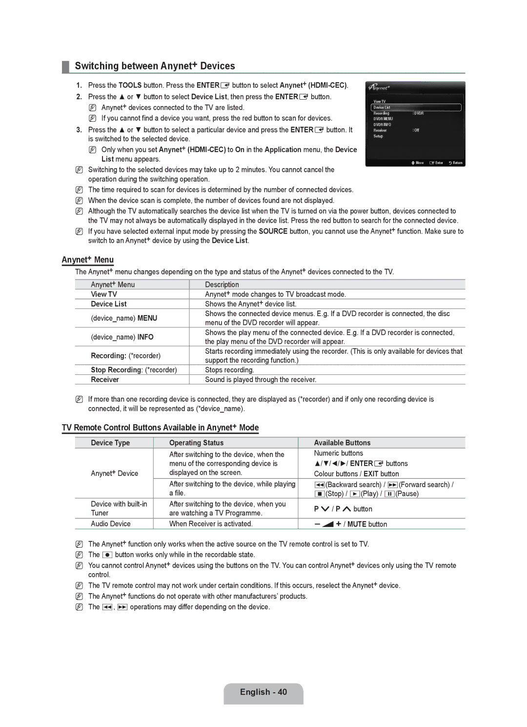 Samsung UE46B6000VWXXC, UE40B6000VWXXN, UE40B6000VWXUA, UE46B6000VPXXN manual Switching between Anynet+ Devices, Anynet+ Menu 