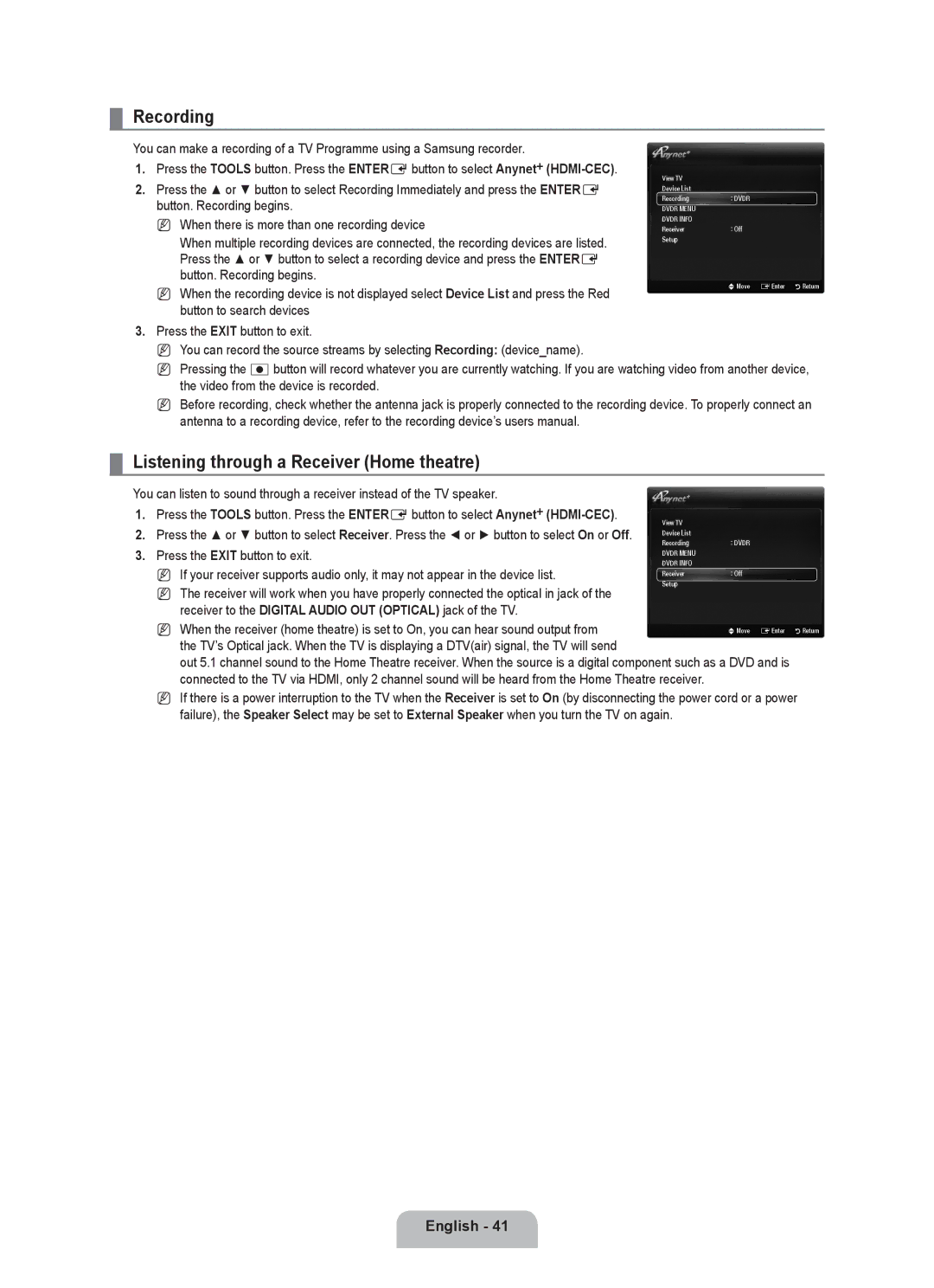 Samsung UE40B6000VWXXC, UE40B6000VWXXN, UE40B6000VWXUA, UE46B6000VPXXN Recording, Listening through a Receiver Home theatre 