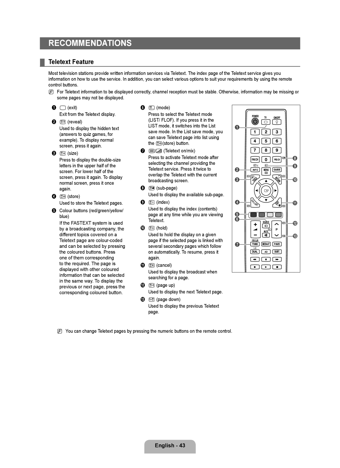 Samsung UE46B6000VPXXC, UE40B6000VWXXN, UE40B6000VWXUA, UE46B6000VPXXN, UE40B6000VWXZG manual Recommendations, Teletext Feature 