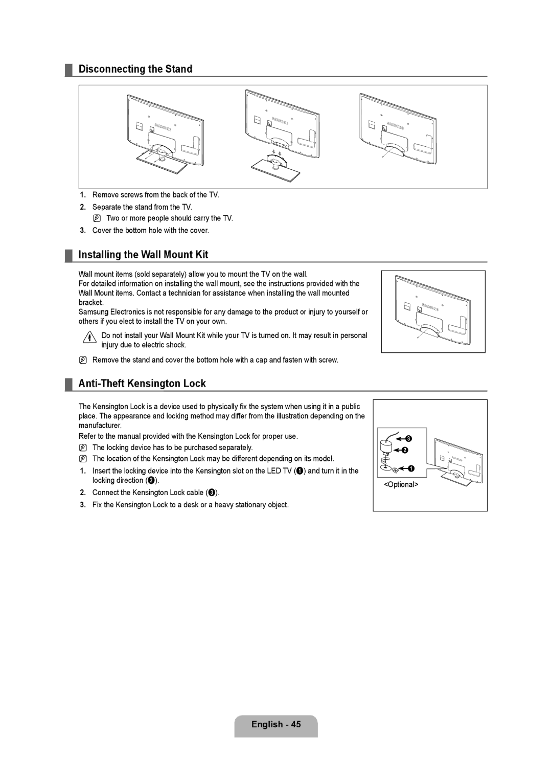 Samsung UE46B6000VWXXU, UE40B6000VWXXN Disconnecting the Stand, Installing the Wall Mount Kit, Anti-Theft Kensington Lock 