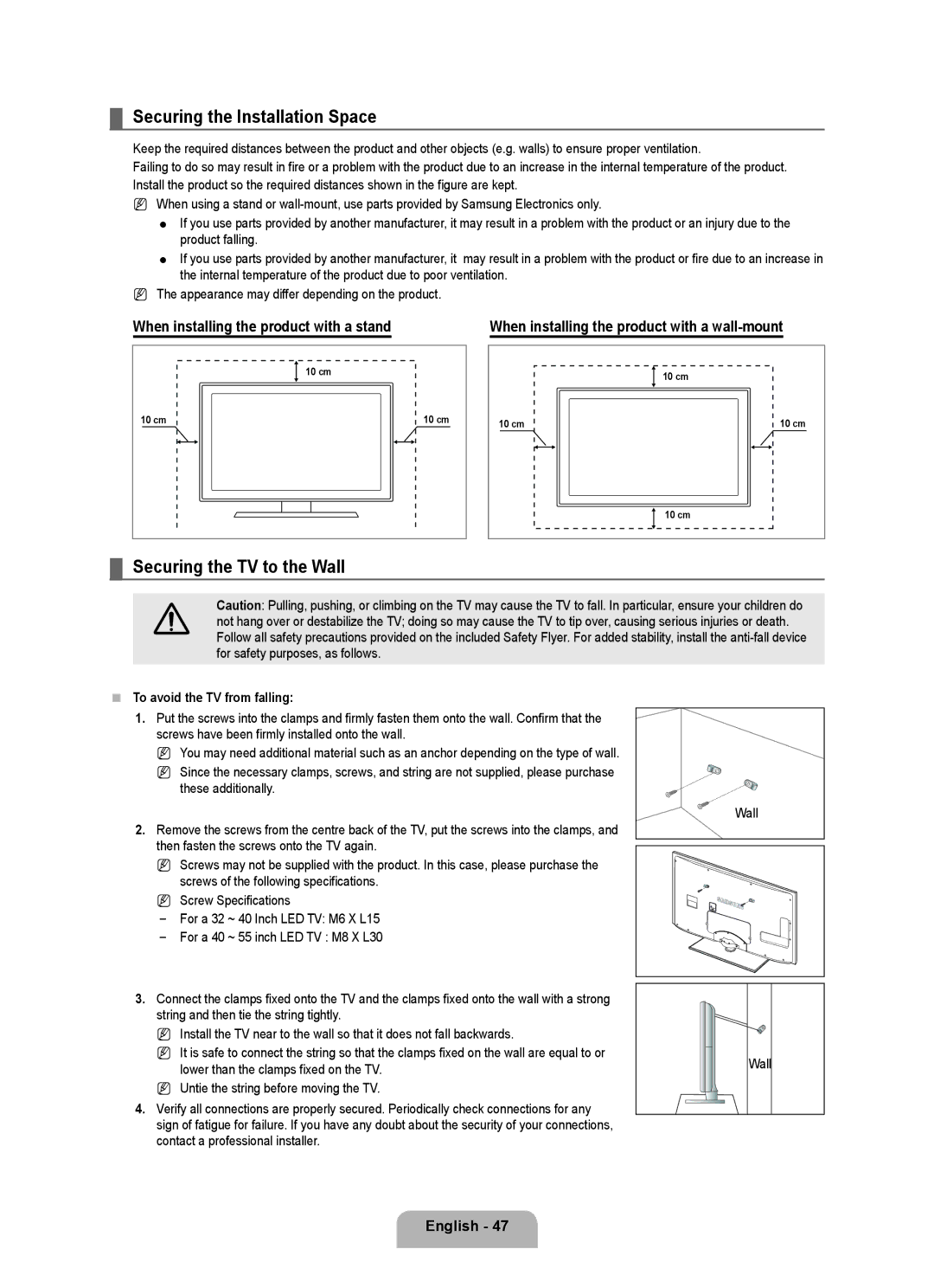 Samsung UE46B6000VWXBT, UE40B6000VWXXN manual Securing the Installation Space, Securing the TV to the Wall, English 4 