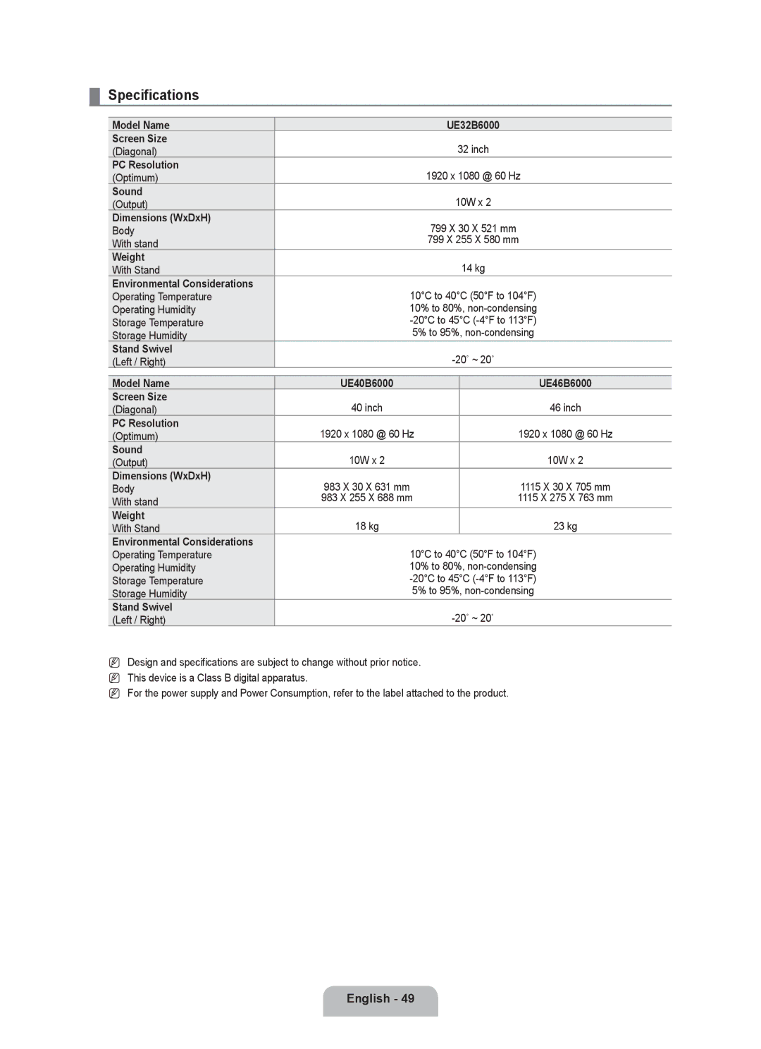 Samsung UE32B6000VWXXH, UE40B6000VWXXN, UE40B6000VWXUA, UE46B6000VPXXN, UE40B6000VWXZG, UE40B6000VWXXU manual Specifications 