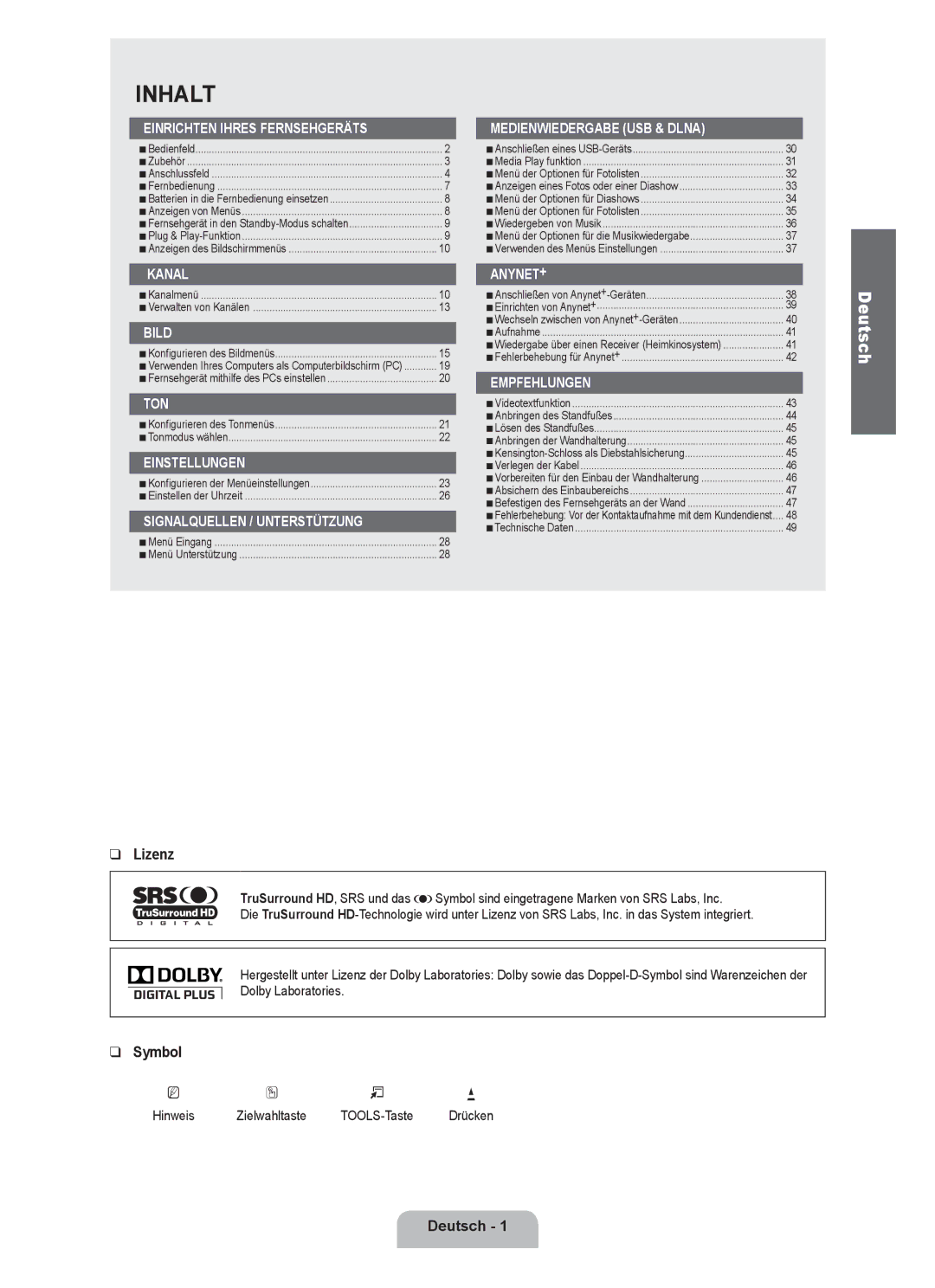 Samsung UE32B6000VPXXC, UE40B6000VWXXN, UE40B6000VWXUA manual Lizenz, Deutsch , Hinweis Zielwahltaste TOOLS-Taste Drücken 