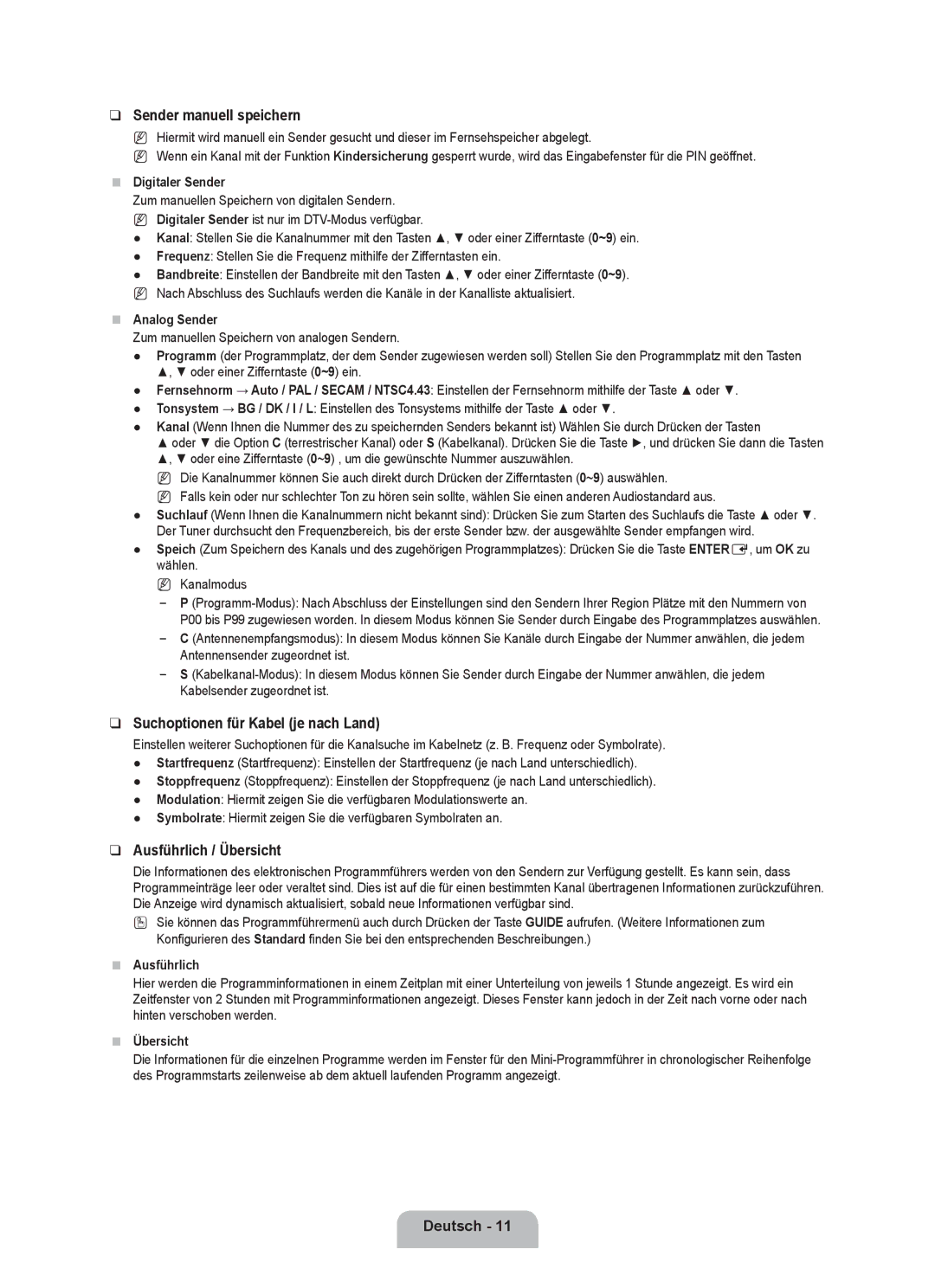 Samsung UE32B6000VWXXH manual Sender manuell speichern, Suchoptionen für Kabel je nach Land, Ausführlich / Übersicht 