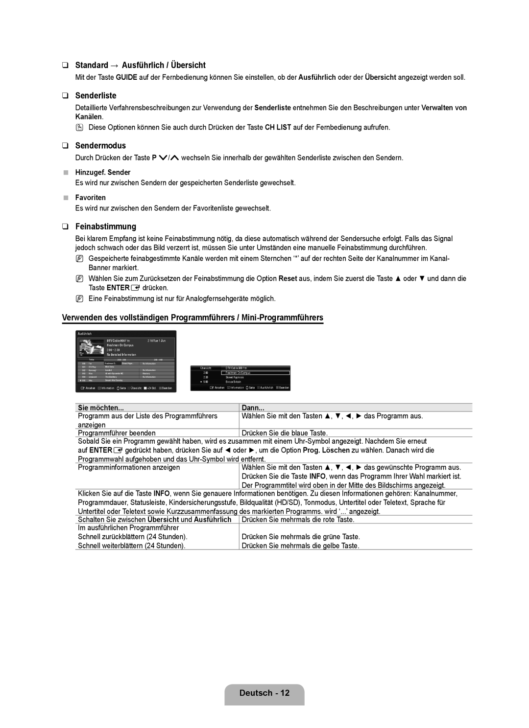 Samsung UE40B6000VWXXN, UE40B6000VWXUA manual Standard → Ausführlich / Übersicht, Senderliste, Sendermodus, Feinabstimmung 