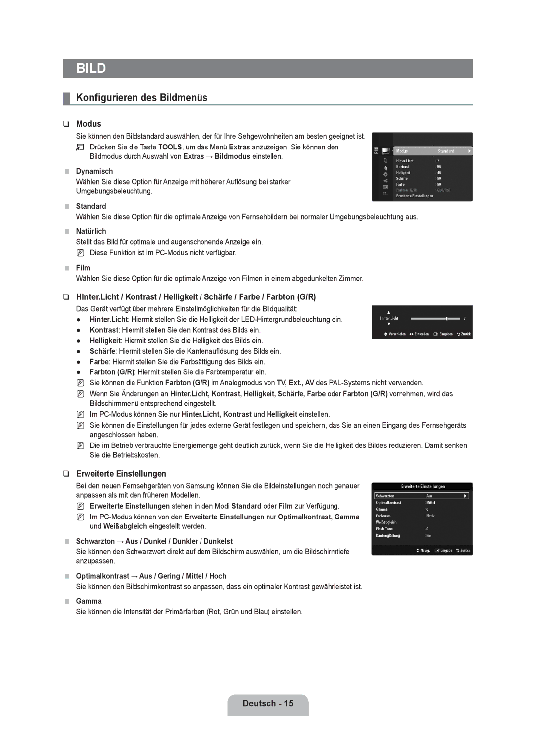 Samsung UE40B6000VWXZG, UE40B6000VWXXN, UE40B6000VWXUA Konfigurieren des Bildmenüs, Modus, Erweiterte Einstellungen 