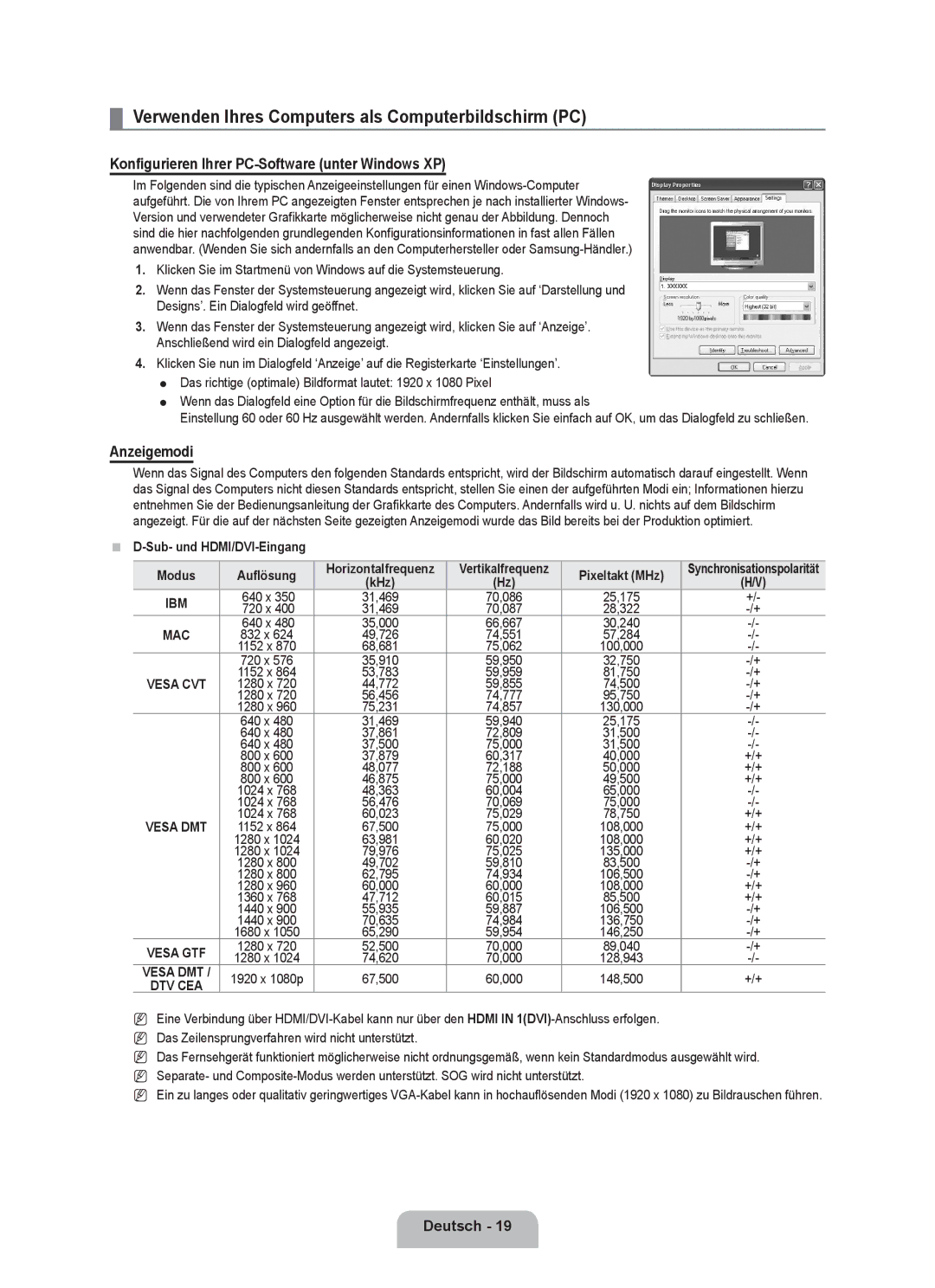 Samsung UE32B6000VWXZG manual Verwenden Ihres Computers als Computerbildschirm PC, Anzeigemodi, Sub- und HDMI/DVI-Eingang 