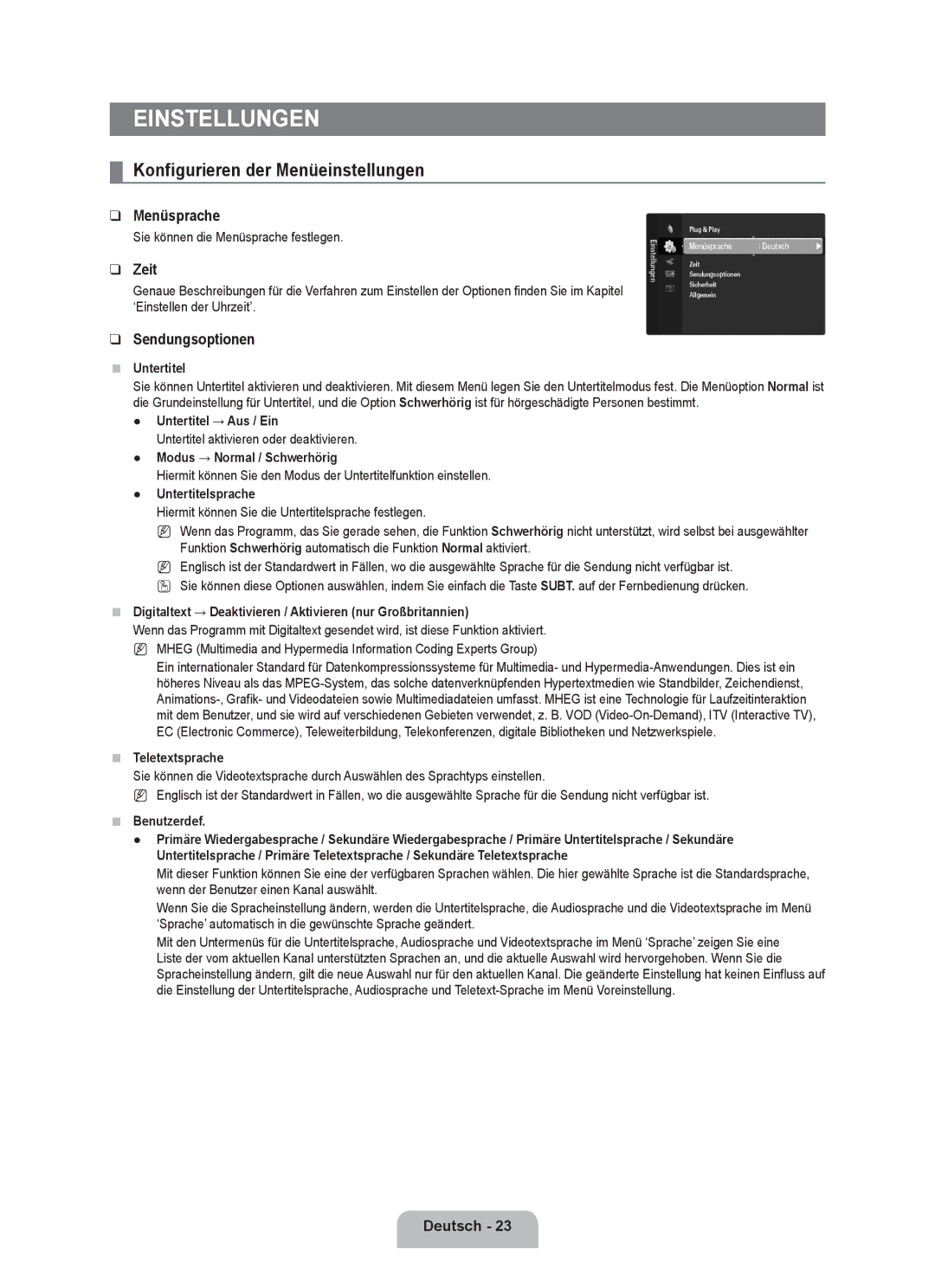 Samsung UE46B6000VWXUA manual Einstellungen, Konfigurieren der Menüeinstellungen, Menüsprache, Zeit, Sendungsoptionen 