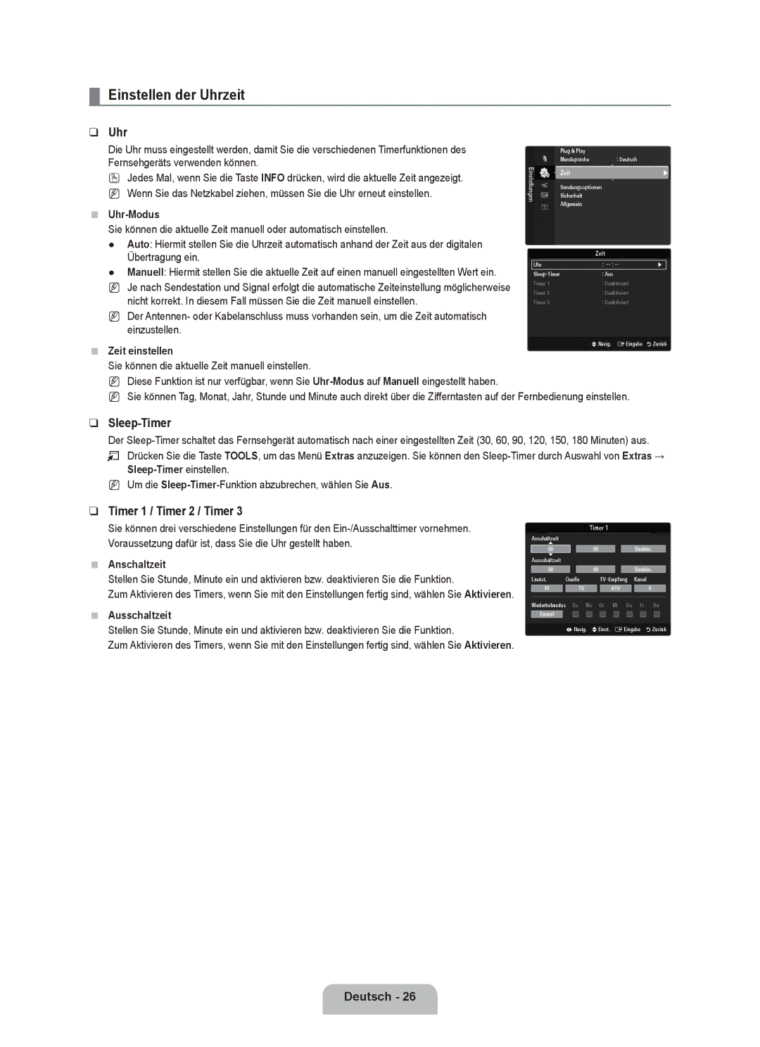 Samsung UE32B6000VWXXC, UE40B6000VWXXN, UE40B6000VWXUA, UE46B6000VPXXN, UE40B6000VWXZG Einstellen der Uhrzeit, Sleep-Timer 