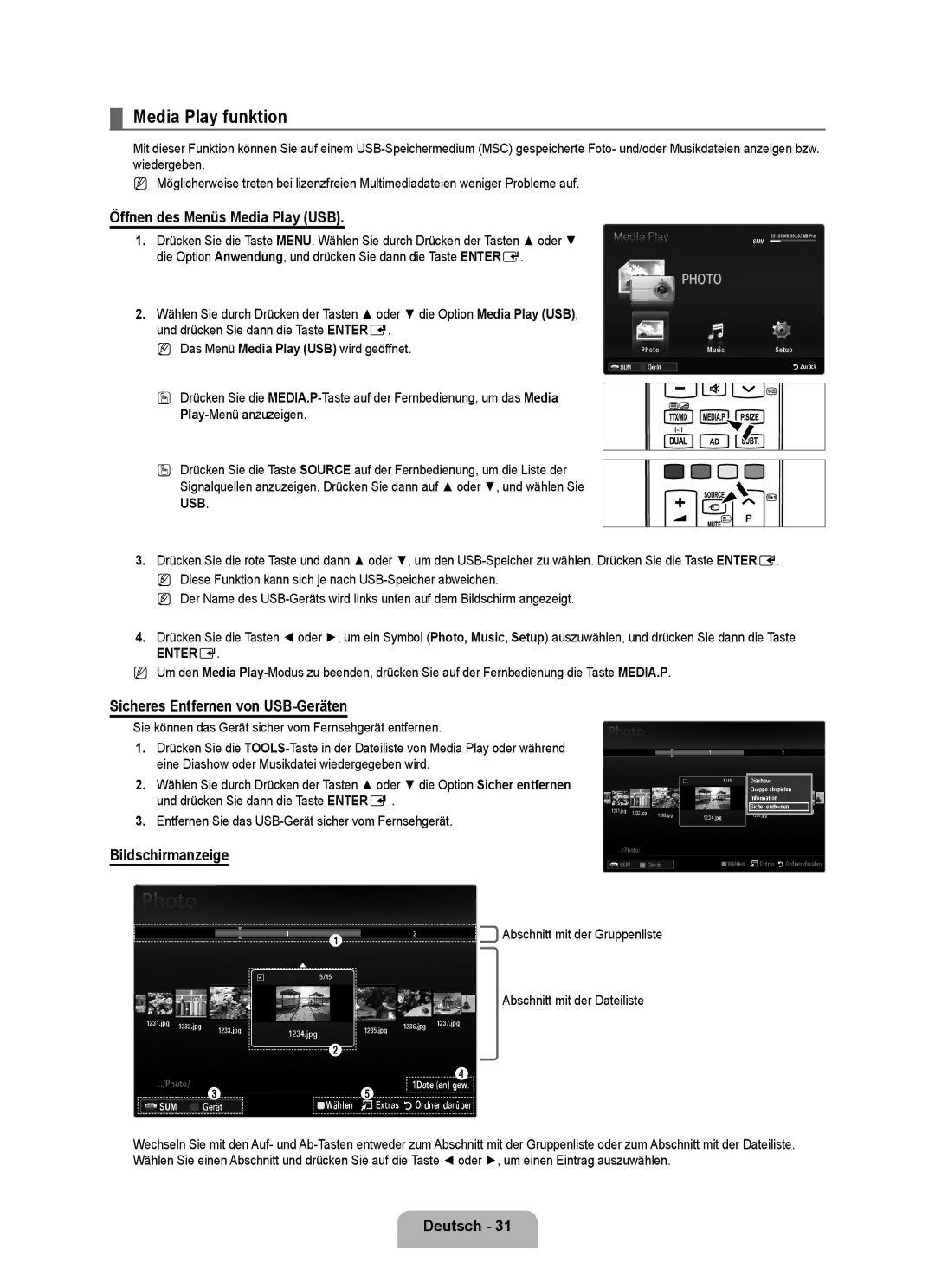 Samsung UE46B6000VPXXC manual Media Play funktion, Öffnen des Menüs Media Play USB, Sicheres Entfernen von USB-Geräten 