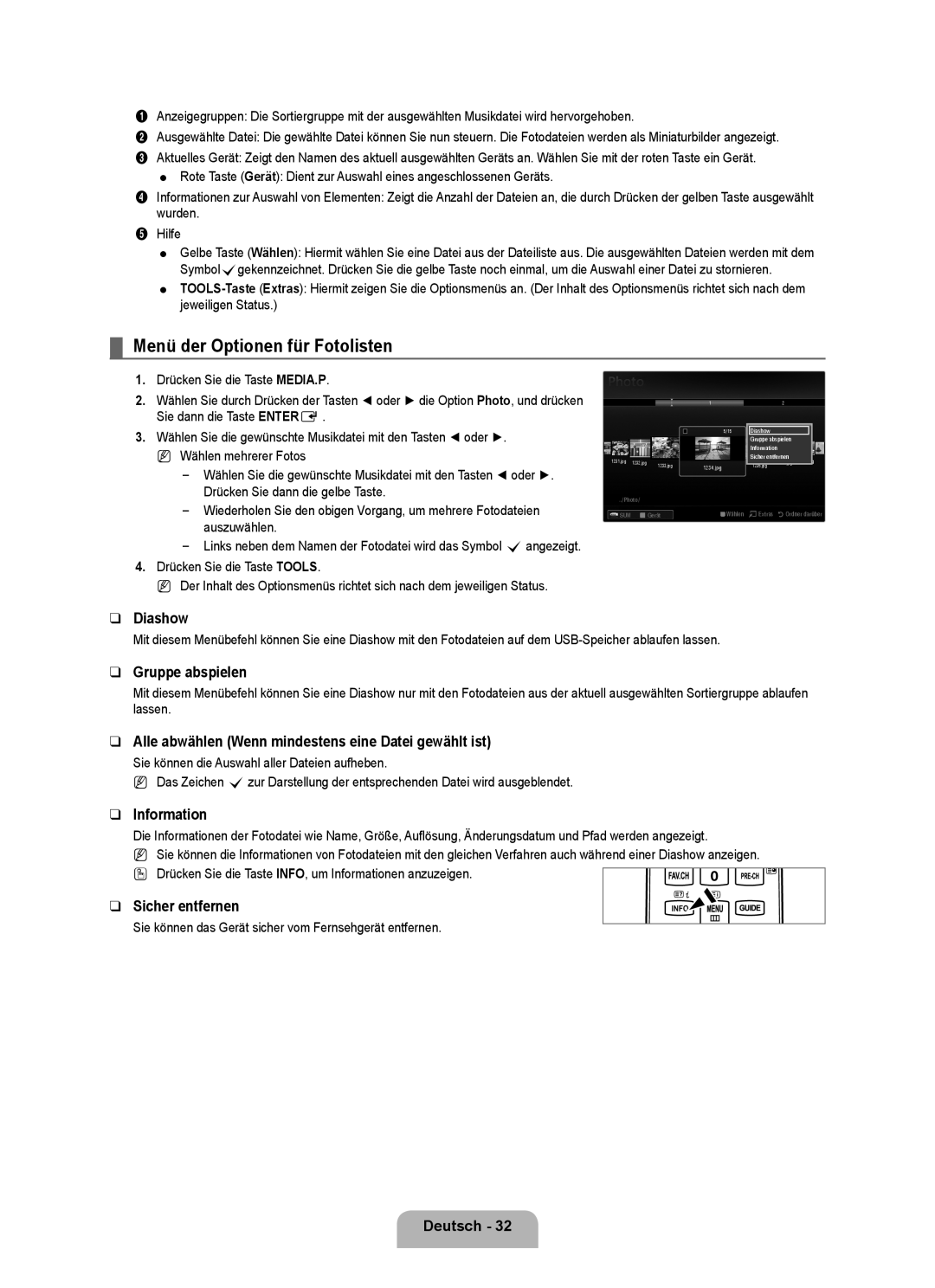 Samsung UE40B6000VWXXH, UE40B6000VWXXN manual Menü der Optionen für Fotolisten, Diashow, Gruppe abspielen, Sicher entfernen 