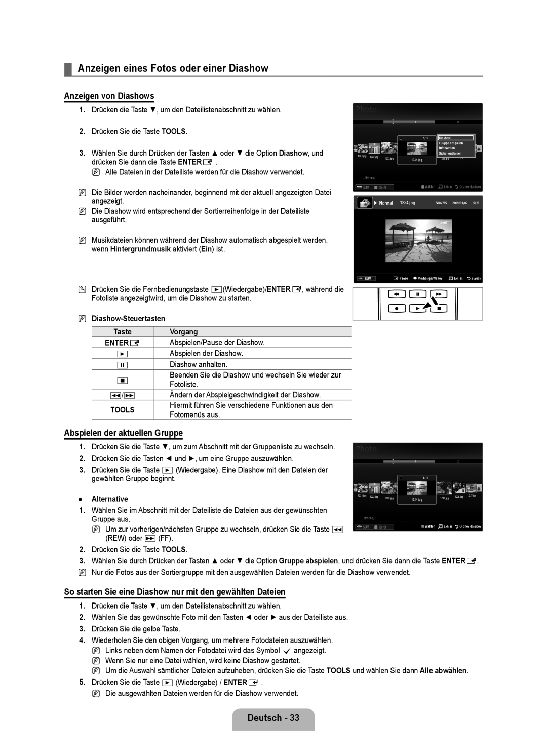 Samsung UE46B6000VWXXU Anzeigen eines Fotos oder einer Diashow, Anzeigen von Diashows, Abspielen der aktuellen Gruppe 