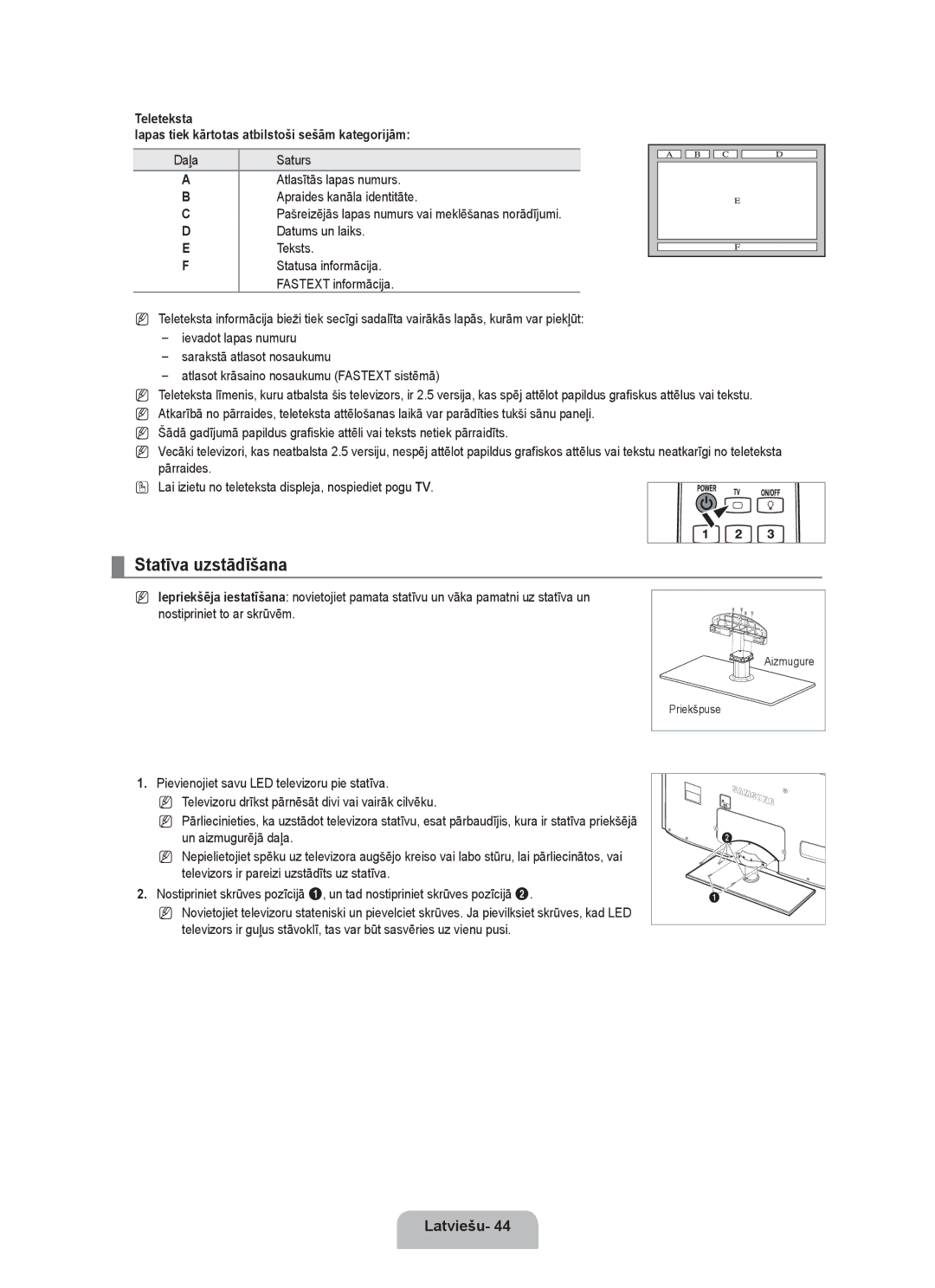 Samsung UE40B6000VWXXN manual Statīva uzstādīšana, Teleteksta Lapas tiek kārtotas atbilstoši sešām kategorijām, Daļa 